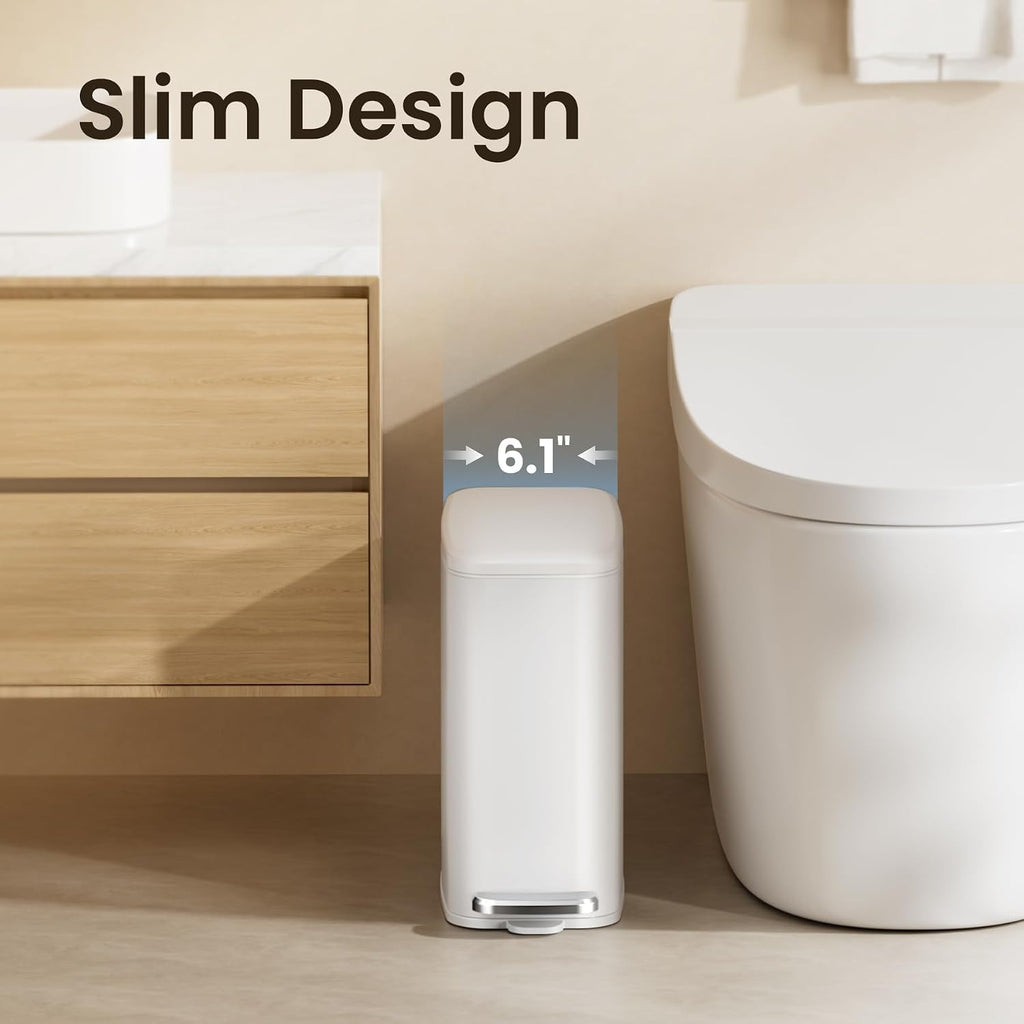 Cesun Slim Bathroom Trash Can With Lid Soft Close, 6L/1.6 Gallon Stainless Steel Small Garbage Can With Foot Pedal And Removable Inner Bucket, Slim Wastebasket For Bathroom, Office, Toilet (White)