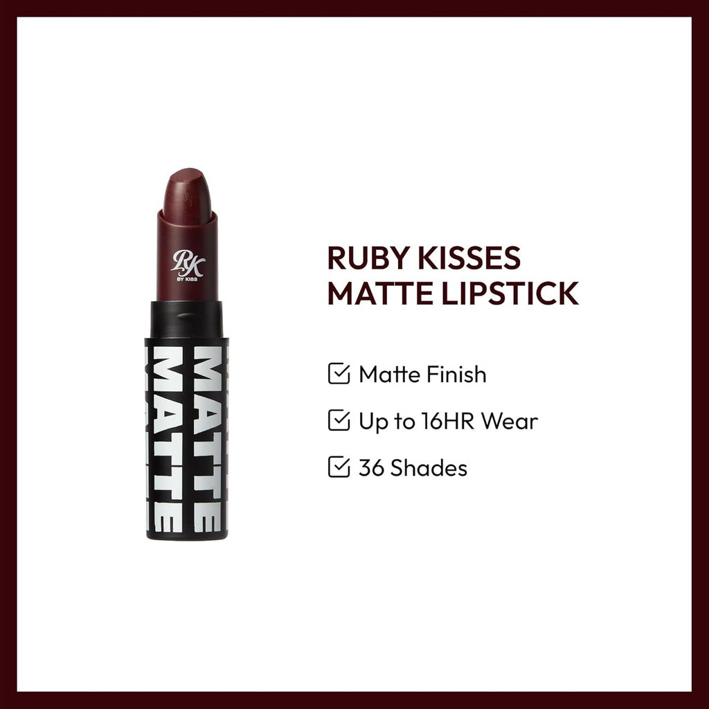 Ruby Kisses Lipstick, Matte Finish, Long-Lasting, Highly Pigmented, Smooth Apply, Full Coverage Lip Color Makeup (Berry Bossy)