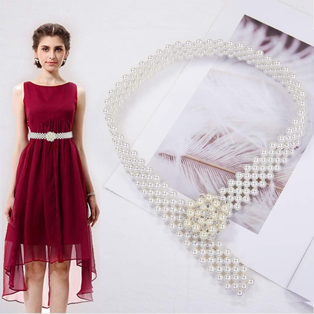 Barry.Wang Women’s Pearl Belt Elastic Waist Chain Belts Dress Jeans Bridal Bridesmaid Sexy Body White Wedding Beach Party