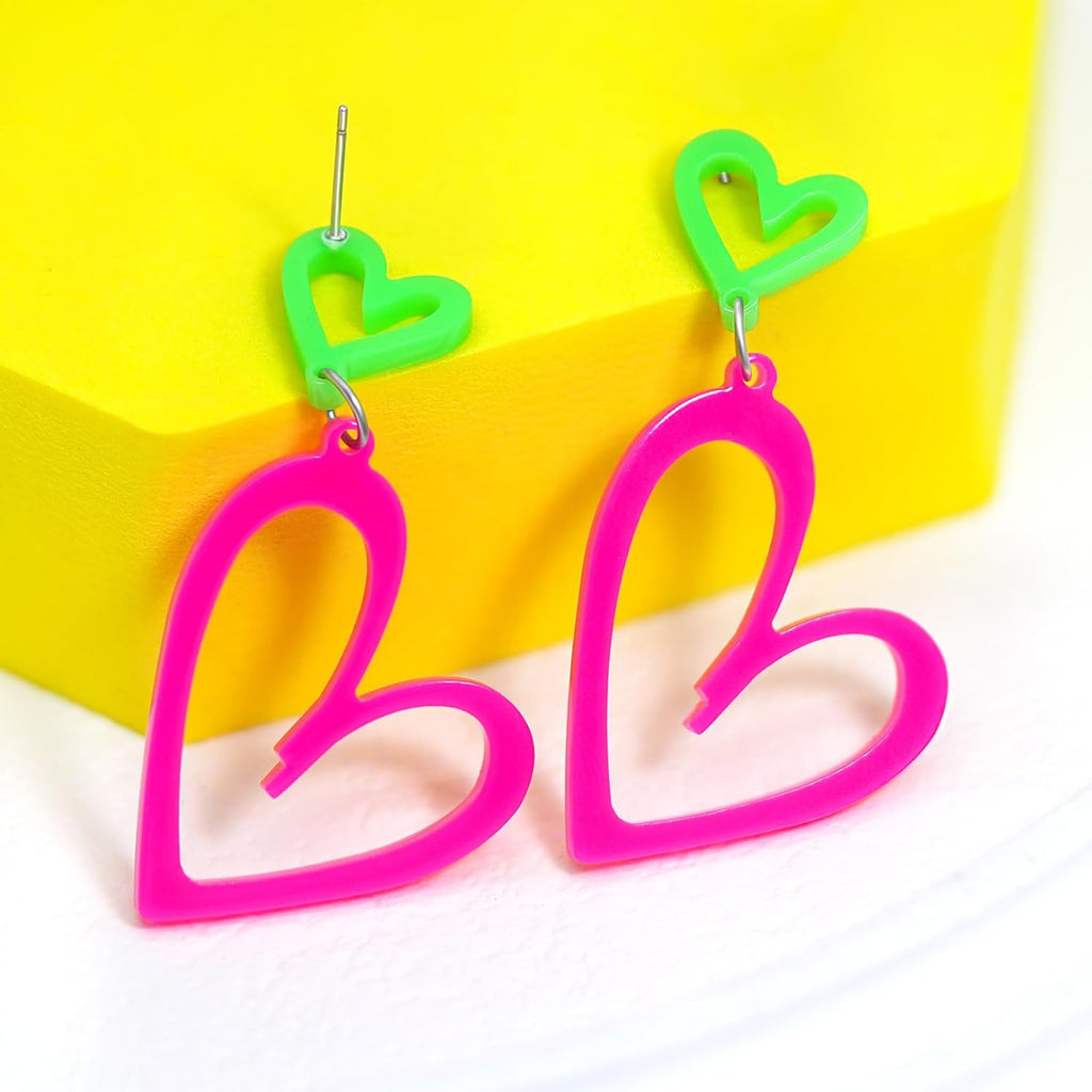 Neon Heart Earrings for Women Acrylic Neon Earrings 80s 90s Outfit for Women Glow Party Accessories Gifts Hot Pink Orange Green Yellow