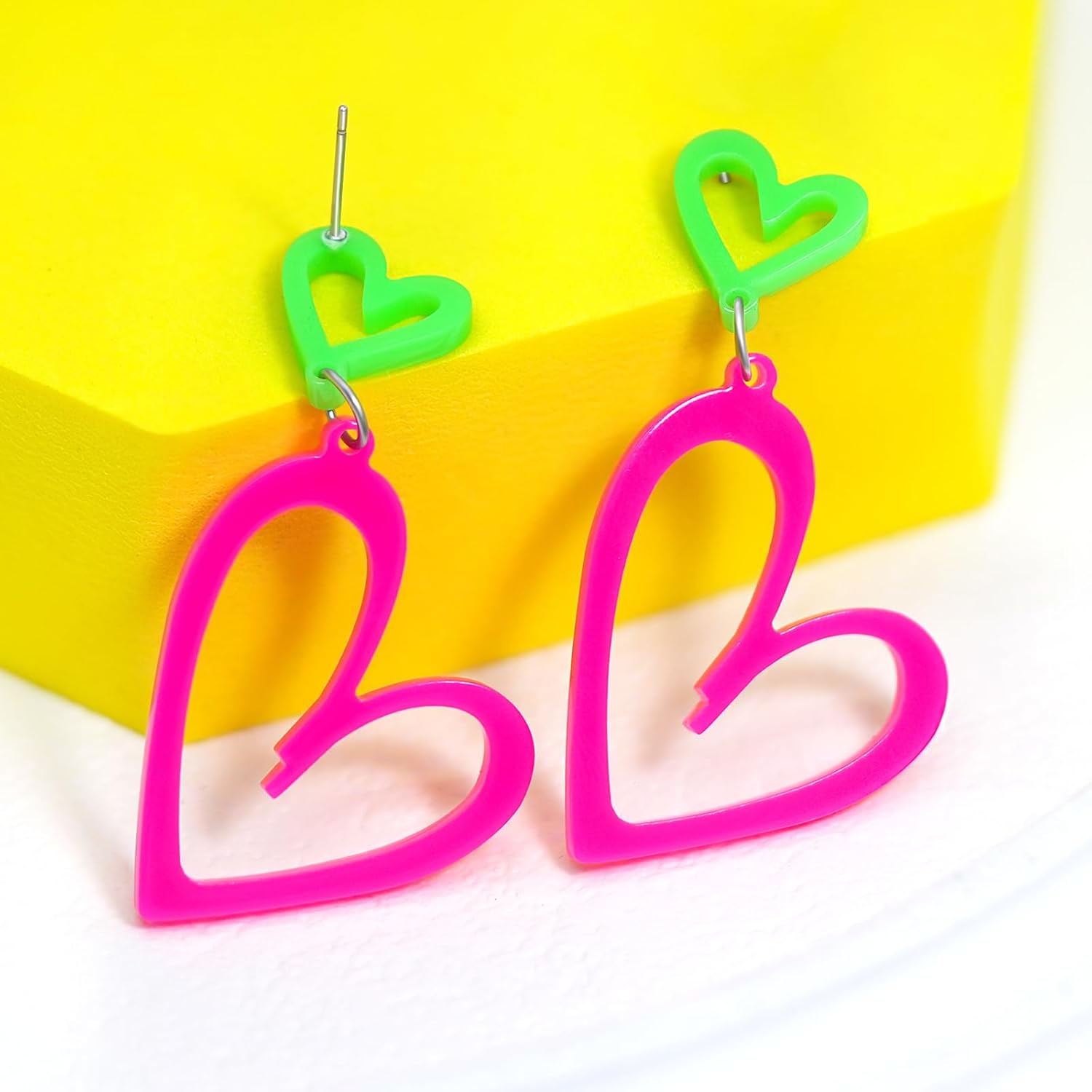 Neon Heart Earrings for Women Acrylic Neon Earrings 80s 90s Outfit for Women Glow Party Accessories Gifts Hot Pink Orange Green Yellow