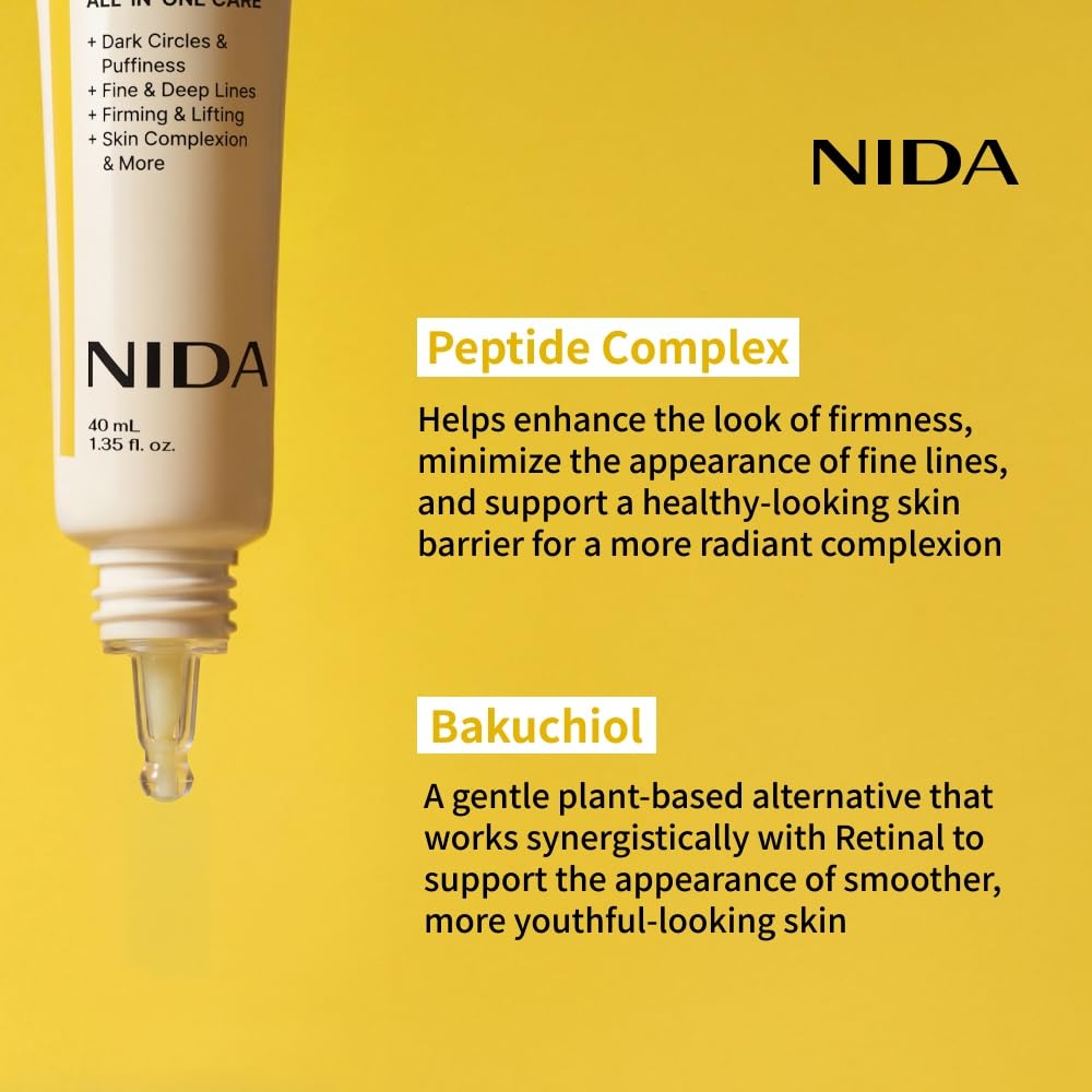 Nida Revive Eye Cream For Face And Neck | Probiotics Lystate Solution, Retinal, Peptide Complex, Bakuchiol | Wrinkles, Fine Lines, Cell Turnover, Firm Skin Texture, Radiant Skin | 1.35 Fl. Oz., 40Ml