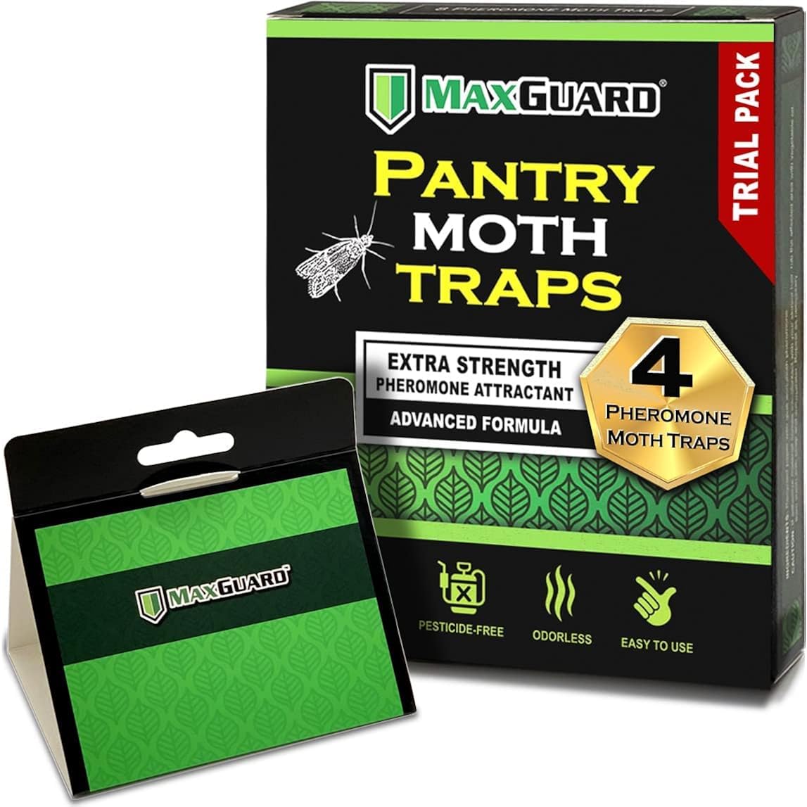 Maxguard Pantry Moth Traps (4 Traps Trial Pack) Extra Strength Pheromones | Non-Toxic Sticky Glue Trap For Food And Cupboard Moths In Your Kitchen | Trap And Kill Seed Grain Flour Meal Moths |