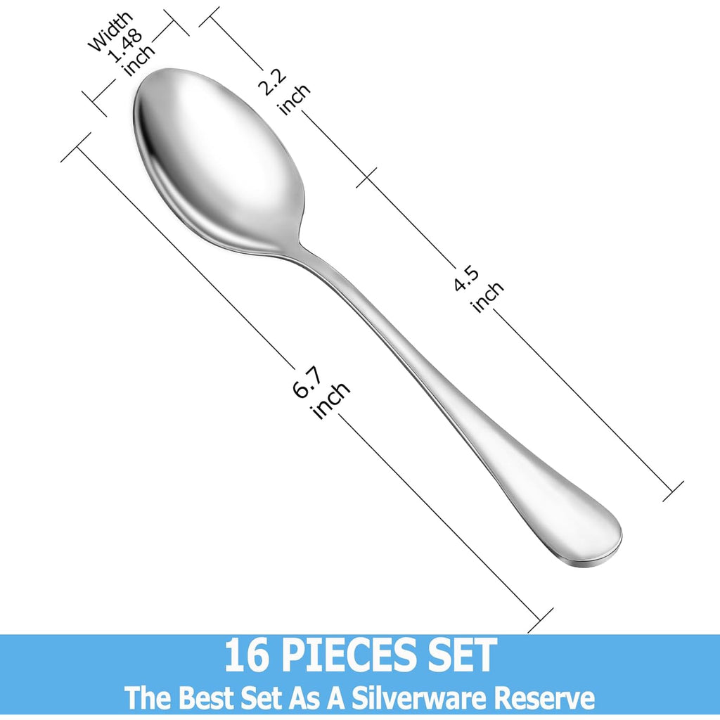 Teaspoon Set,16 Piece 6.7" Spoons Silverware, Premium Food Grade Stainless Steel Tea Spoons, Durable Small Spoon, Good Teaspoons, Kitchen Dessert Spoon Set, Mirror Finish & Dishwasher Safe