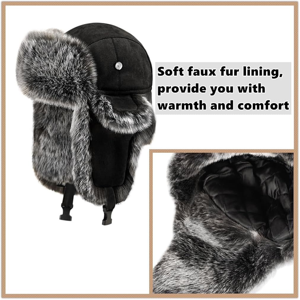 Winter Trooper Trapper Hat Faux Fur Russian Cossack Ushanka Hat with Earflaps Fuzzy Hunting Ski Snow Cap Unisex
