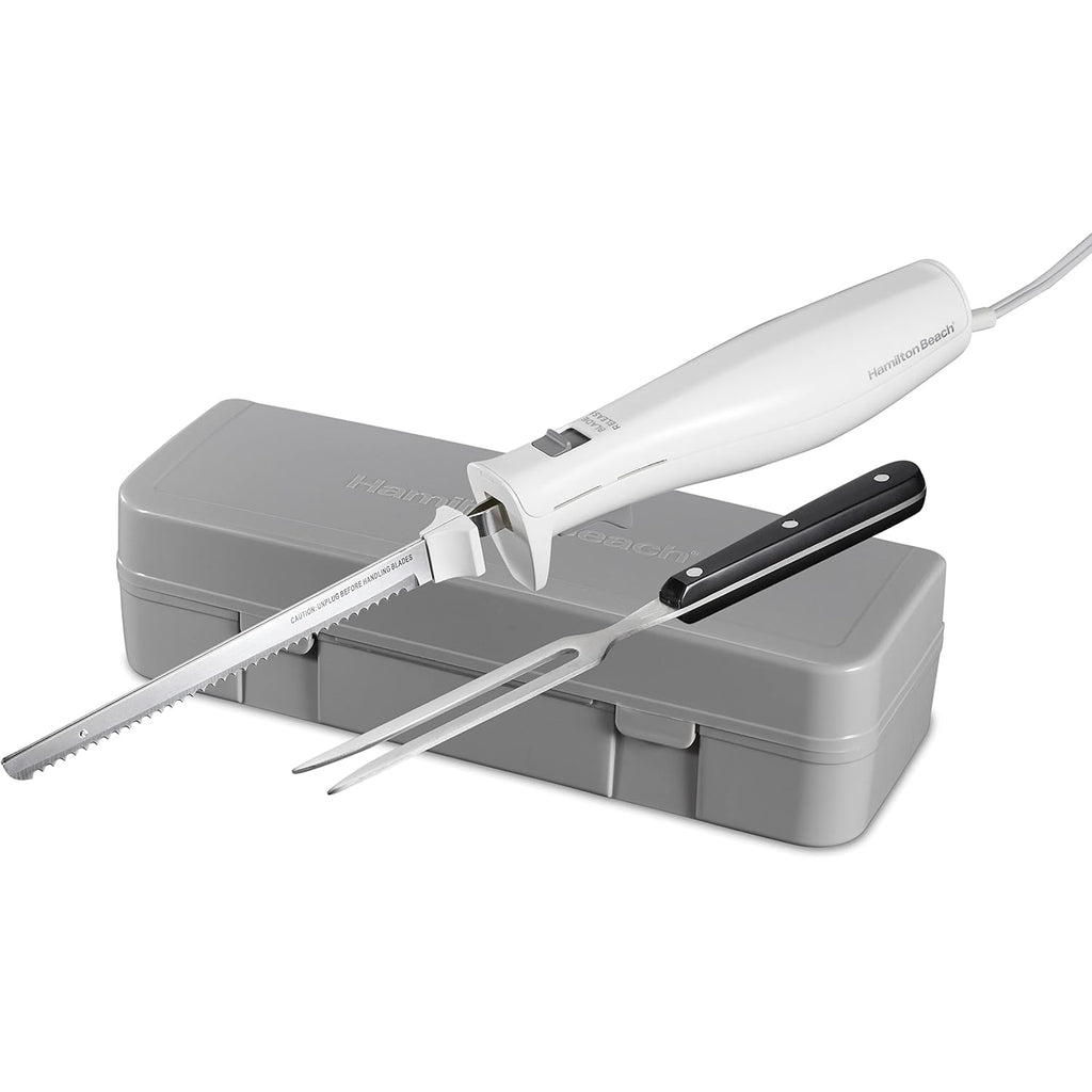 Hamilton Beach Electric Knife Set for Carving Meats, Poultry, Bread, Crafting Foam & More, Reciprocating Serrated Stainless Steel Blades, Ergonomic Design Storage Case + Fork Included, 5 Foot Cord