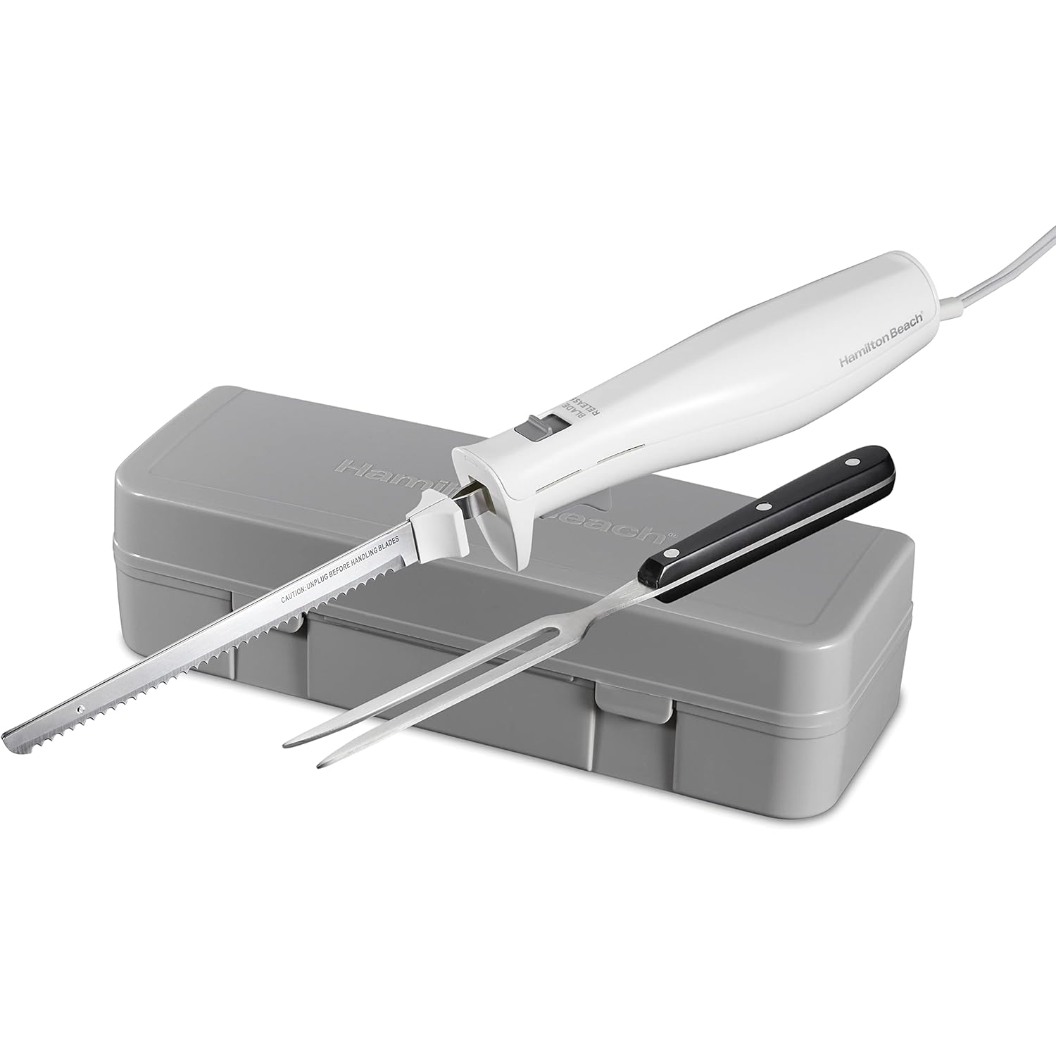 Hamilton Beach Electric Knife Set for Carving Meats, Poultry, Bread, Crafting Foam & More, Reciprocating Serrated Stainless Steel Blades, Ergonomic Design Storage Case + Fork Included, 5 Foot Cord