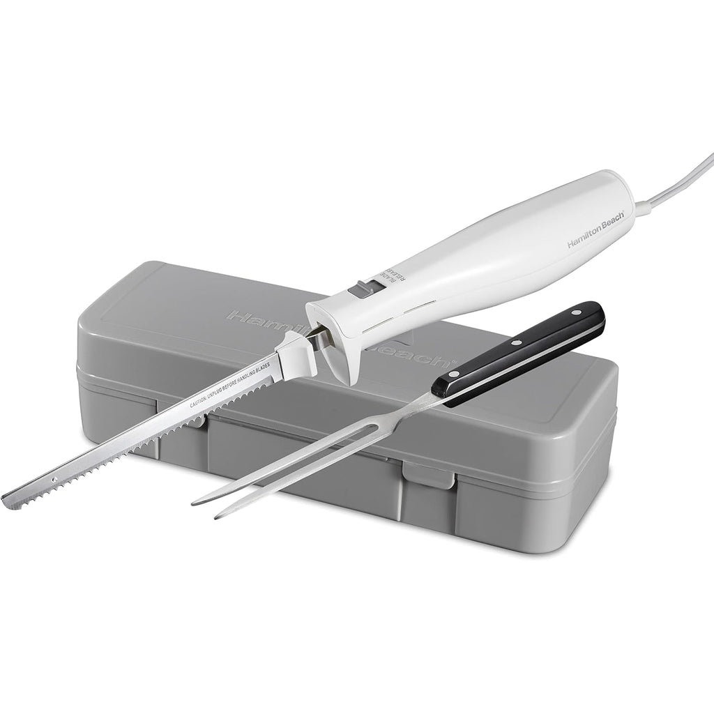 Hamilton Beach Electric Knife Set For Carving Meats, Poultry, Bread, Crafting Foam & More, Reciprocating Serrated Stainless Steel Blades, Ergonomic Design Storage Case + Fork Included, 5 Foot Cord