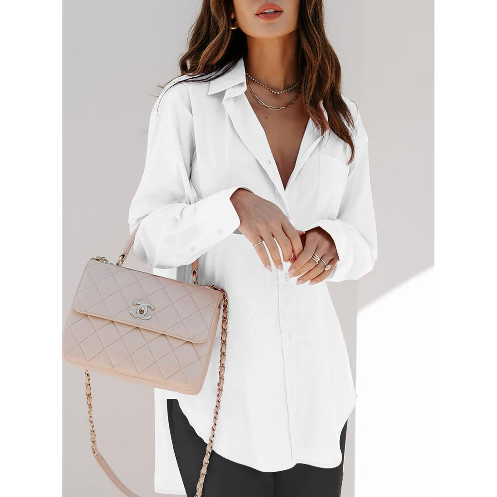 Siliteelon Oversized Button Down Shirts For Women Dress Shirts Long Sleeve Blouses Work Casual Tunics Tops With Pockets