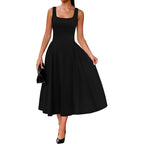 Ofeefan Summer Dresses For Women Square Neck Corset A Line Maxi Dress Ruffle Ruched Waist Flowy Outfits