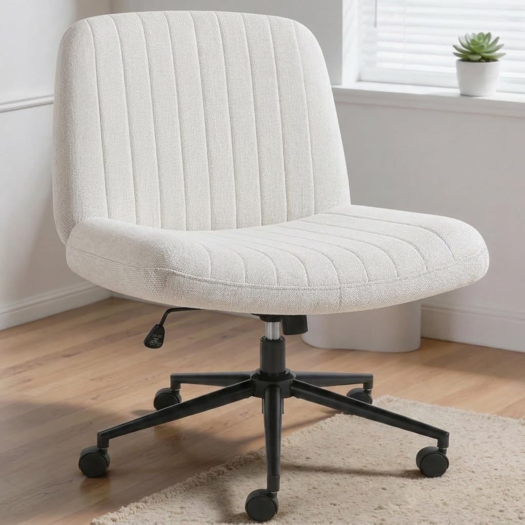 Shintenchi Criss Cross Chair,Cross Legged Office Seat With Wheels Armless Swivel Vanity Chair,Height Adjustable Wide Computer Task Seating For Home Office,Beige