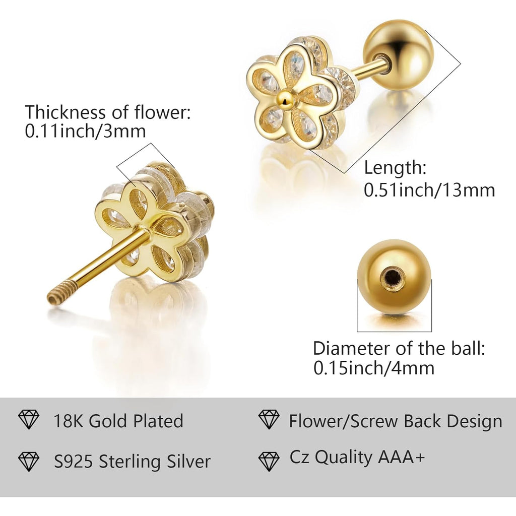 Gold Stud Earrings 925 Sterling Silver 18K Gold Plated Cubic Zirconia Screw Back Cute Hypoallergenic for Women Jewelry Gift Mother's Day