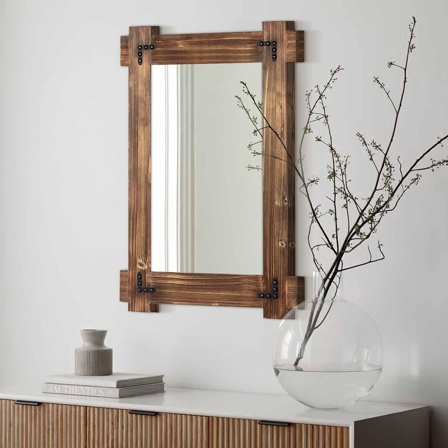Memorecool Rustic Wood Mirror For Bathroom, Farmhouse Wall Mounted Vanity Mirror, Rectangular Wooden Framed Mirror For Bedroom Living Room Entryway, 30 X 20 Inch
