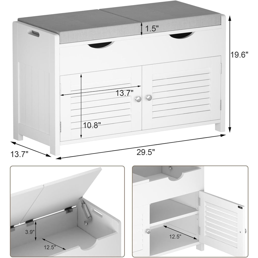Choochoo Shoe Storage Bench With Lift Top Storage & Cushioned Seats | 29.5" Entryway Bench With 3 Compartments & Adjustable Shelf, For Entryway, White