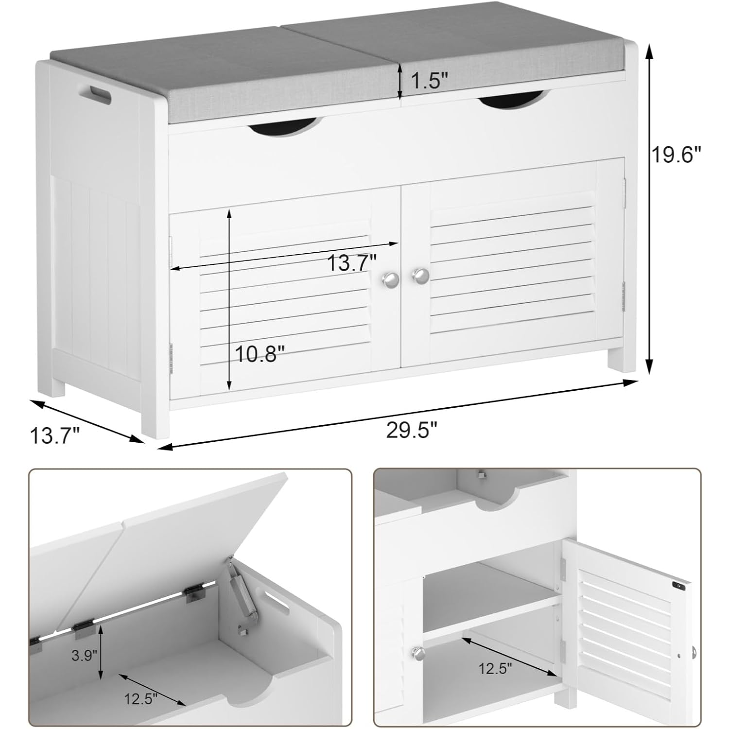 Choochoo Shoe Storage Bench With Lift Top Storage & Cushioned Seats | 29.5" Entryway Bench With 3 Compartments & Adjustable Shelf, For Entryway, White