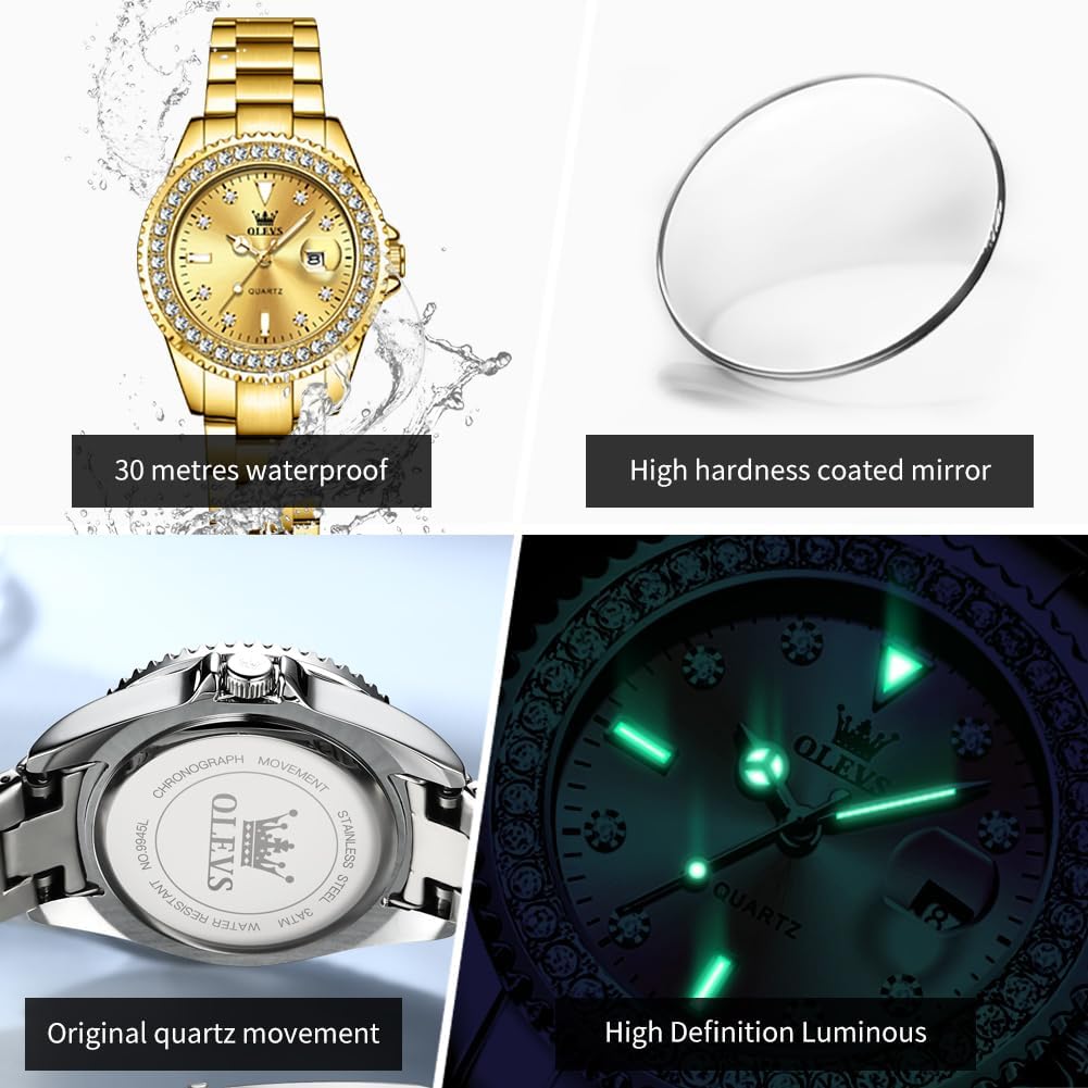 Olevs Ladies Watch Diamond Dress Quartz Analog Female Watches Stainless Steel Two Tone Waterproof Luminous Day Date For Womens Wrist Watch Gift