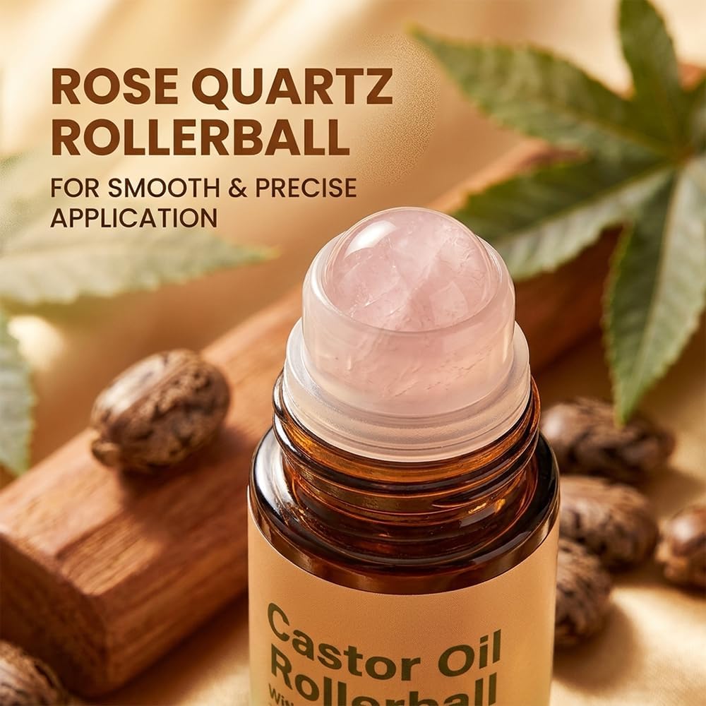 2Pcs Castor Oil With Rose Quartz Roller - 100% Cold Pressed Moisturizing Oil With Rose Quartz Roller Ball For Face And Body, Hair, Eyebrows, Moisturize Skin