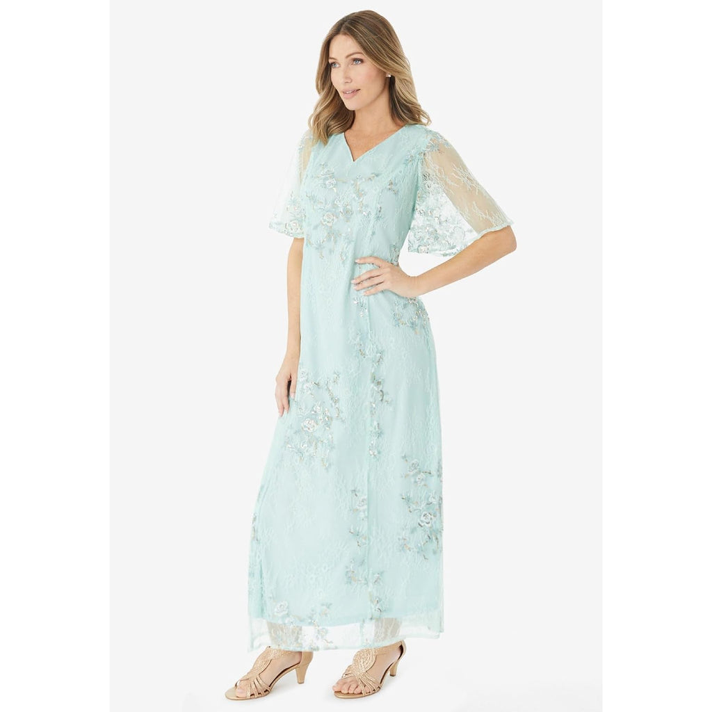 Roaman'S Women'S Plus Size Plus-Size Flutter Sleeve Allover Embroidered Gown
