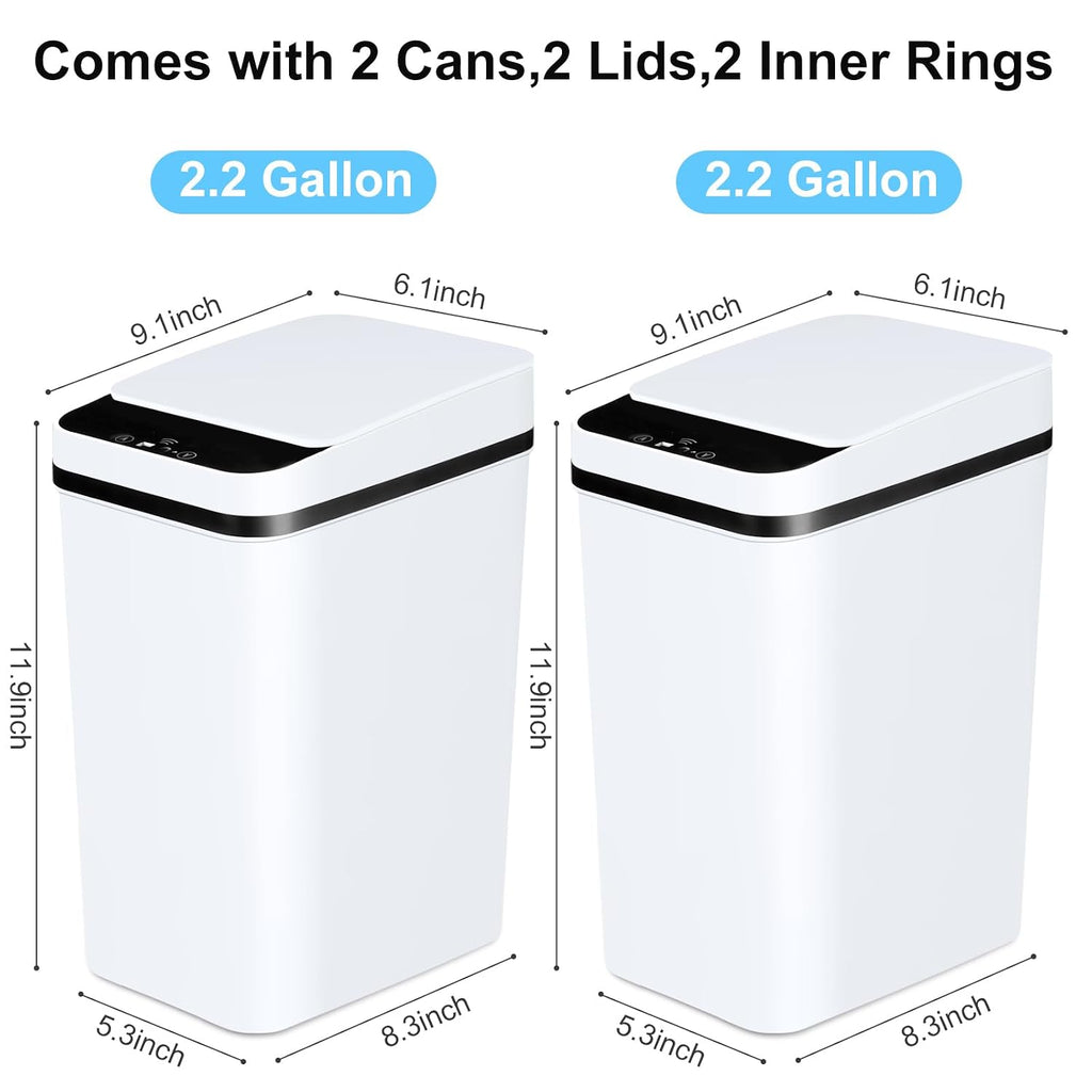 Bathroom Trash Cans With Lid 2 Pack 2.2 Gallon Touchless Automatic Motion Sensor Small Slim Garbage Can, Smart Electric Narrow Garbage Bin For Bedroom Office Kitchen (White)