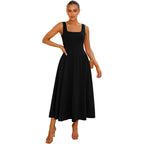 Ofeefan Summer Dresses For Women Square Neck Corset A Line Maxi Dress Ruffle Ruched Waist Flowy Outfits