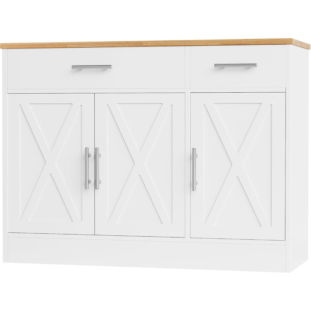 Shintenchi Modern Farmhouse Sideboard Buffet Cabinet With Storage With 3 Doors,42" Barn Doors Buffet Cabinet With Storage, Wood Coffee Bar Cabinets With Adjustable Shelf For Kitchen Living Room,White