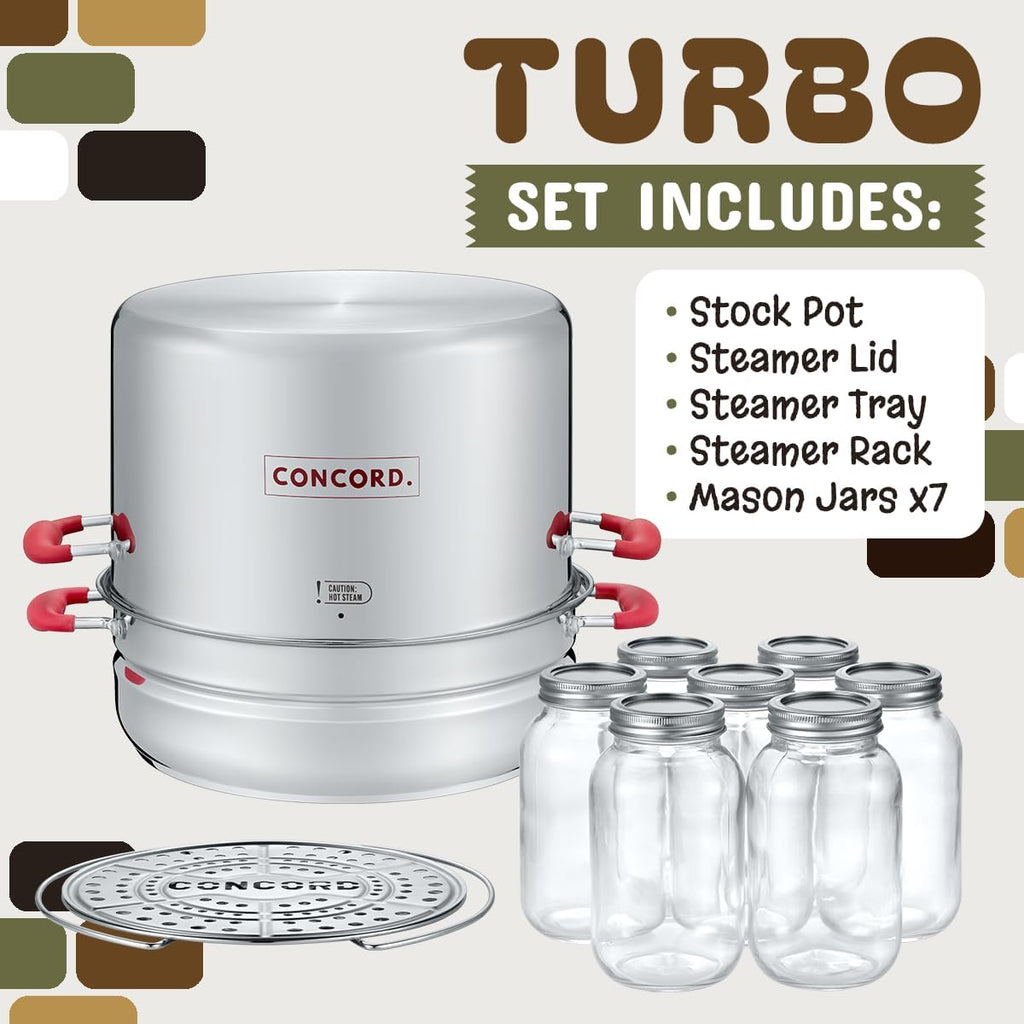 Concord Stainless Steel Turbo Steam Canner Canning Steamer Pot Set. Includes Canning Rack And Mason Jars (Induction Compatible).