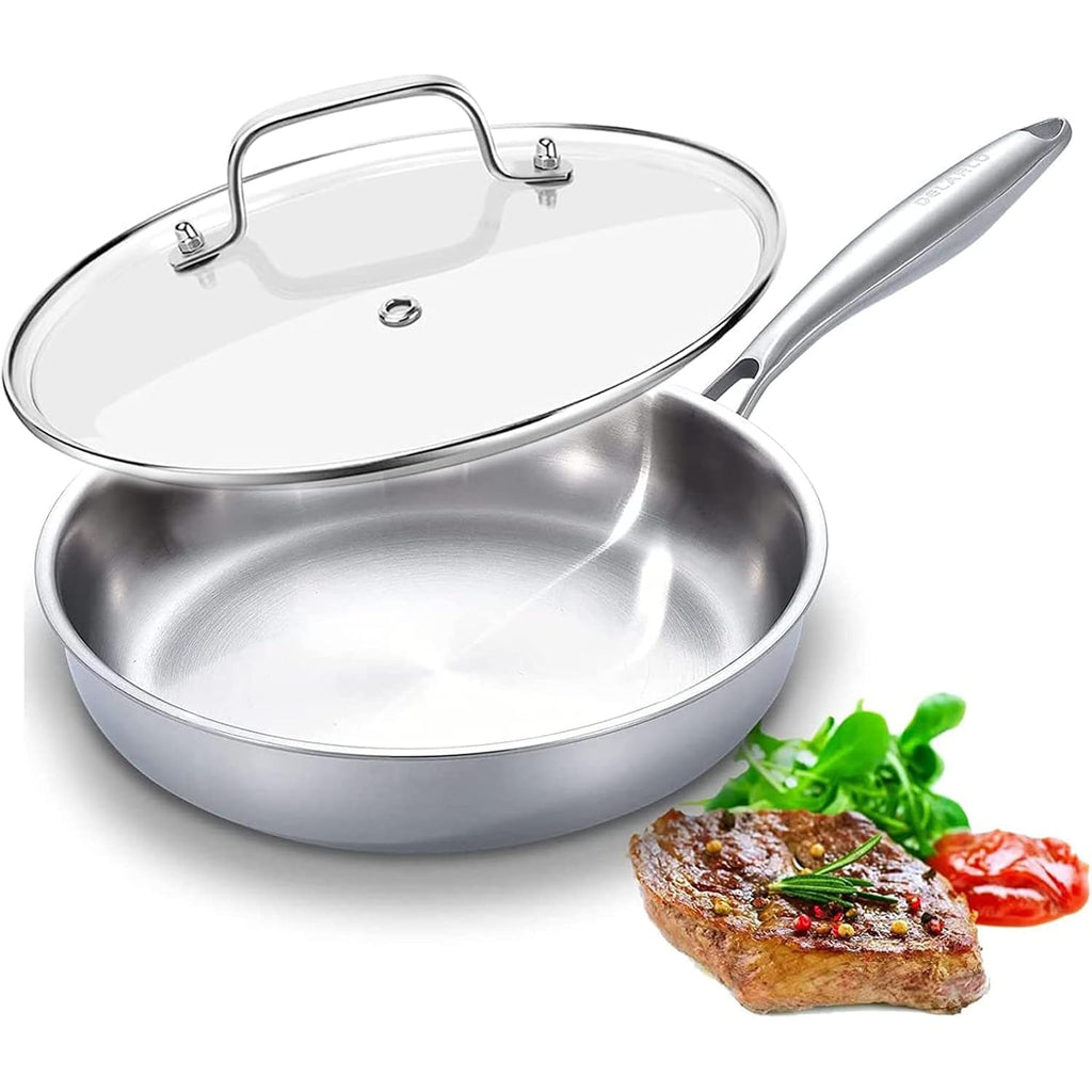 Delarlo Tri-Ply Stainless Steel Pan, 18/10 Frying Pan, Oven Safe Up To 600°F, Nontoxic Cookware, Compatible With All Cooktops Skillet, Durable, Fast Even Heat Fry Pan,12 Inch Pan With Glass Lids