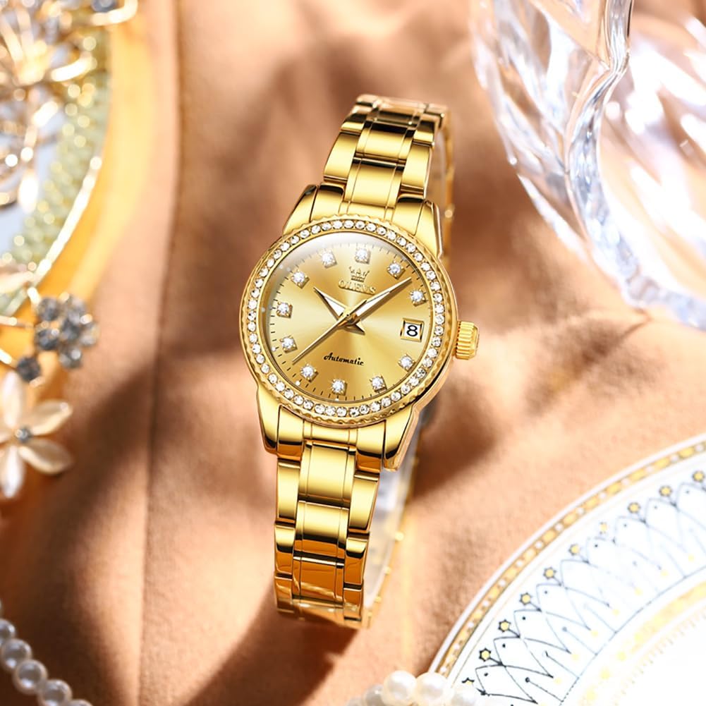 Olevs Womens Automatic Watch Gold Luxury Diamond Self Winding Ladies Wrist Watches Waterproof Luminous Date