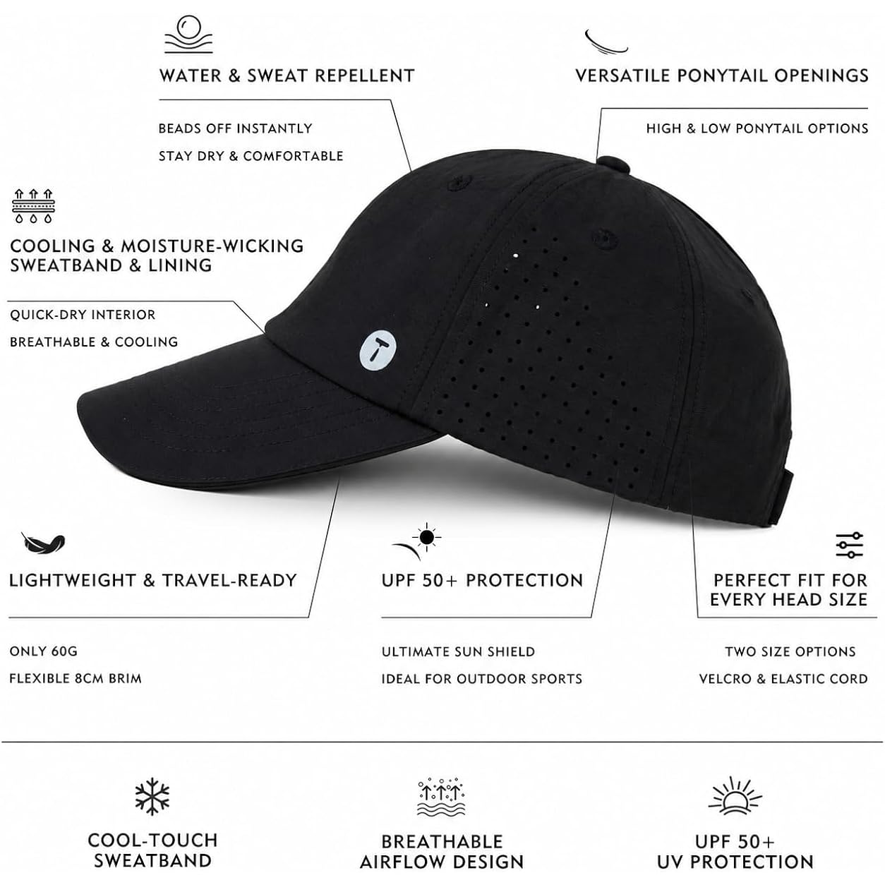 Top-Ex Cooling High Ponytail Everyday Sports Hat For Women, Breathable Comfort Fit For Running Golf Walking, Upf 50+ Foldable