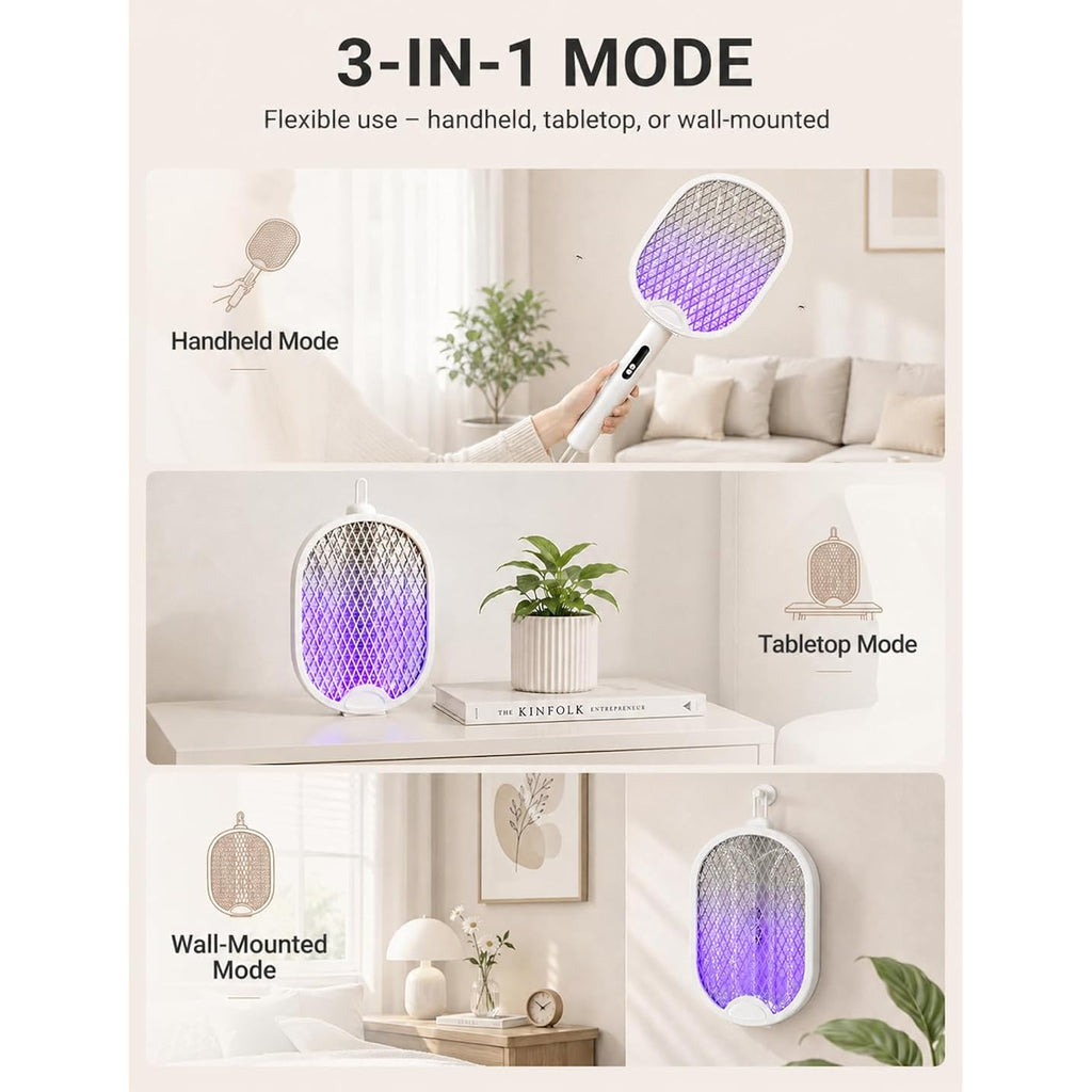 Electric Fly Swatter 4000V Bug Zapper Racket With 1800Mah Rechargeable Battery 5-Layer Safety Mesh Dual Modes 180° Foldable Ideal For Indoor Or Outdoor Use (White)