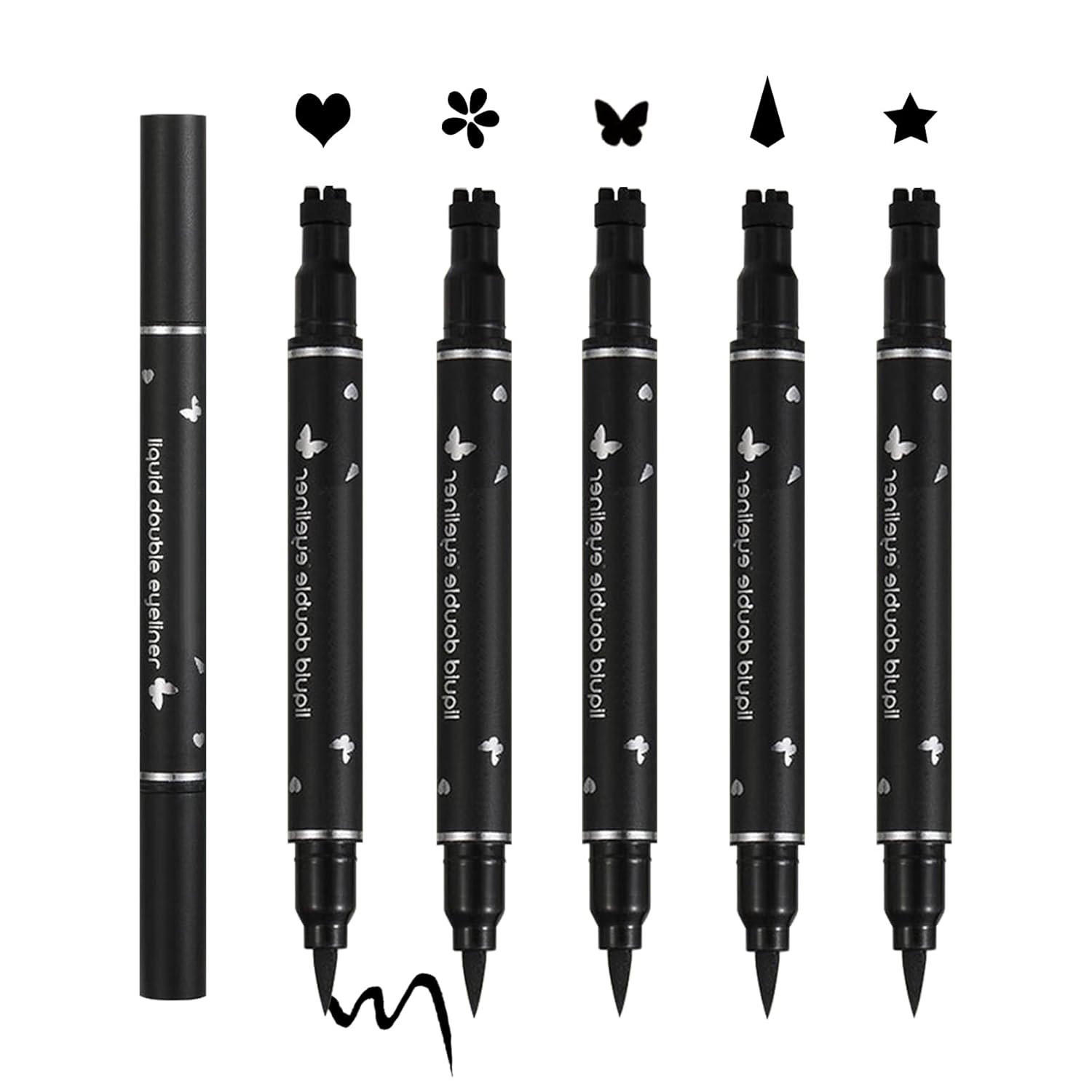 5PCS Liquid Winged Eyeliner Stamp Pen Set - Double-headed Black Eye Liner Pencil - Long-lasting Waterproof Stamp Eyeliner Set for Eye Makeup - Star, Heart, Flower, Butterfly, Triangle