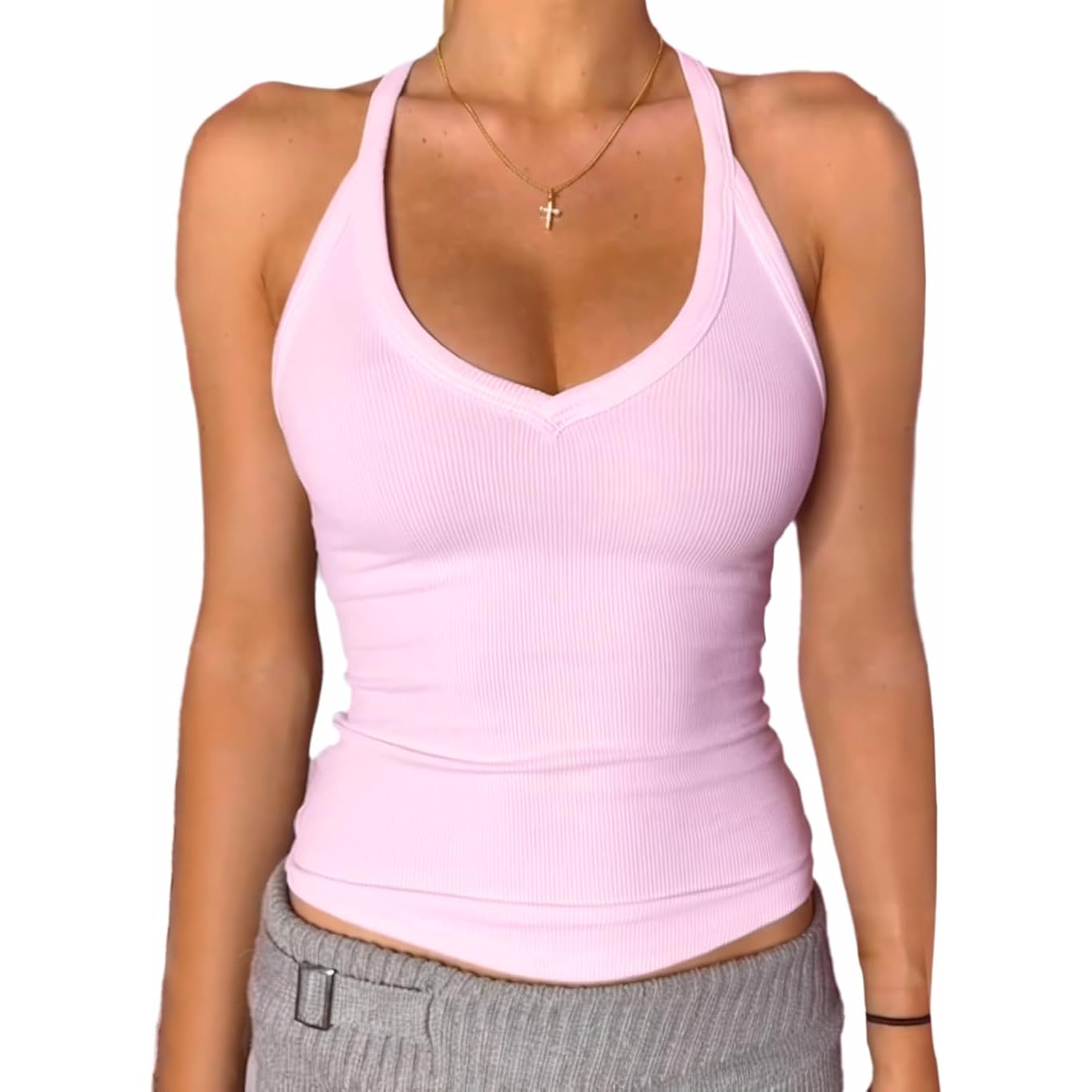 Danysu V Neck Racer Back Tank Top for Women Padded Ribbed Long Tank Fitted Basic Cami Tops