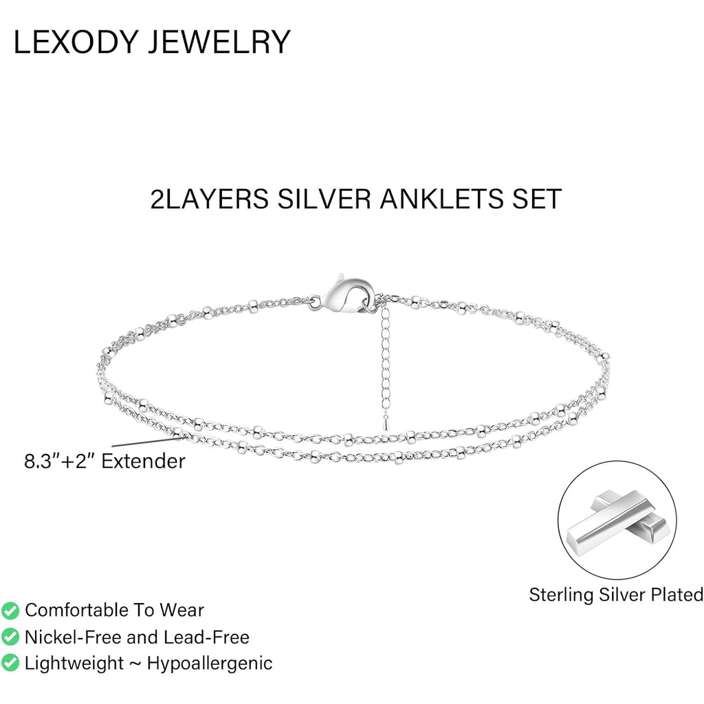 LEXODY Silver/Gold Anklets for Women, Sterling Silver Evil Eye Ankle Bracelets for Women Trendy Dainty Waterproof Anklets Set Adjustable Layered Anklet Bracelets for Women Silver Jewelry Gift