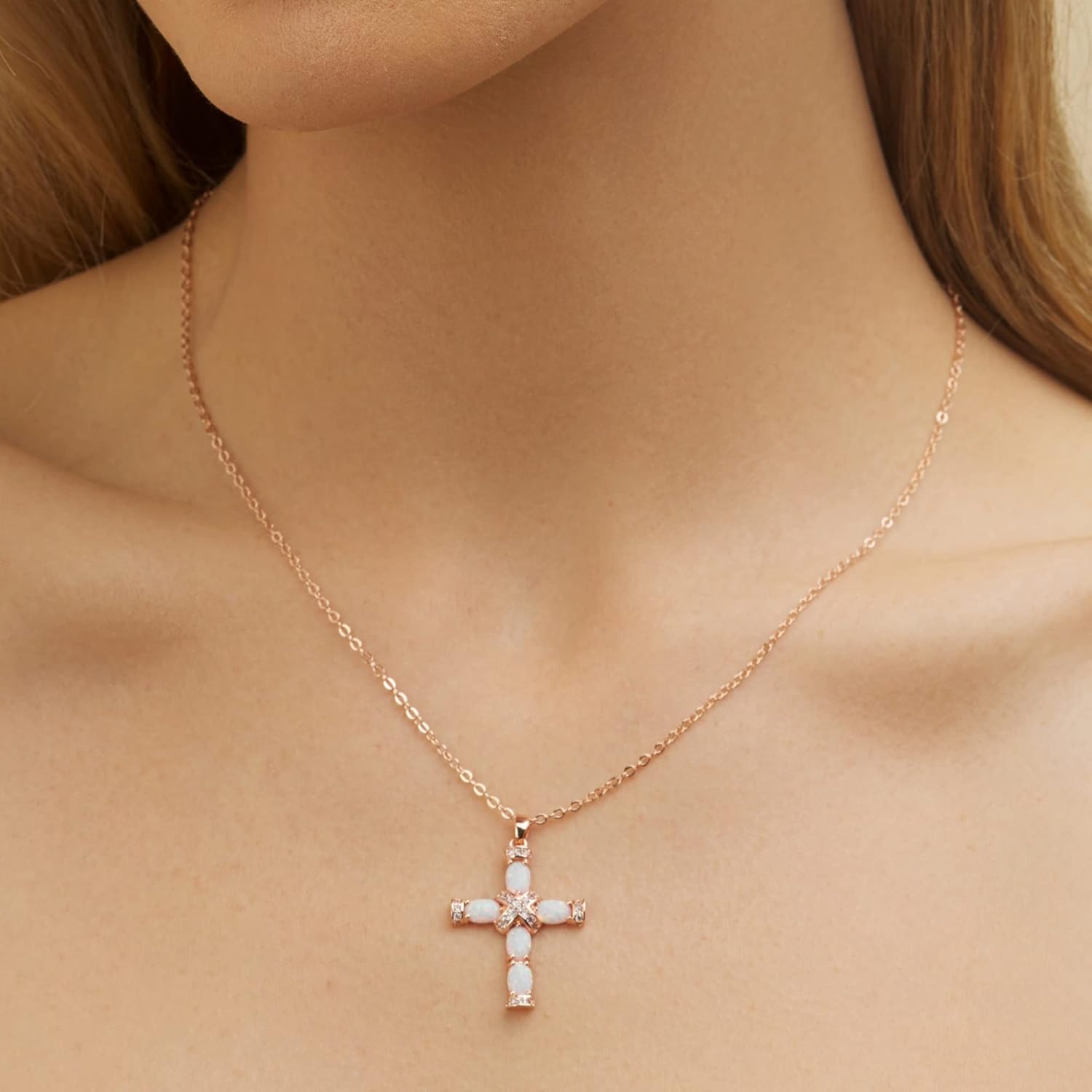 Barzel 18K Gold Plated Created Opal Cross with Chain, 18 Inches with 2 Inches Extension