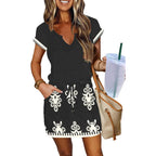 Saukole Women Summer T Shirt Dress Casual Short Sleeve V Neck Dress With Pockets Drawstring Waist Short Dresses
