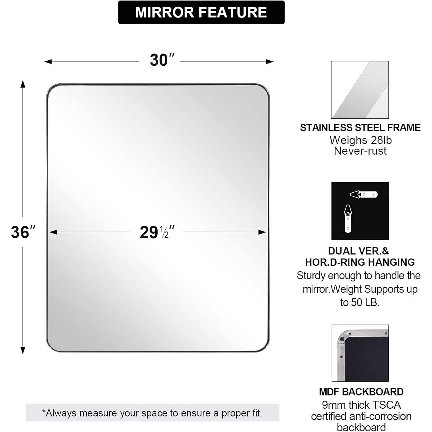 ANDY STAR Chrome Mirror for Bathroom, 30x36 Metal Frame Wall Mirror with Rounded Corner, Modern Rectangle Bathroom Vanity Mirror with Polish Finish