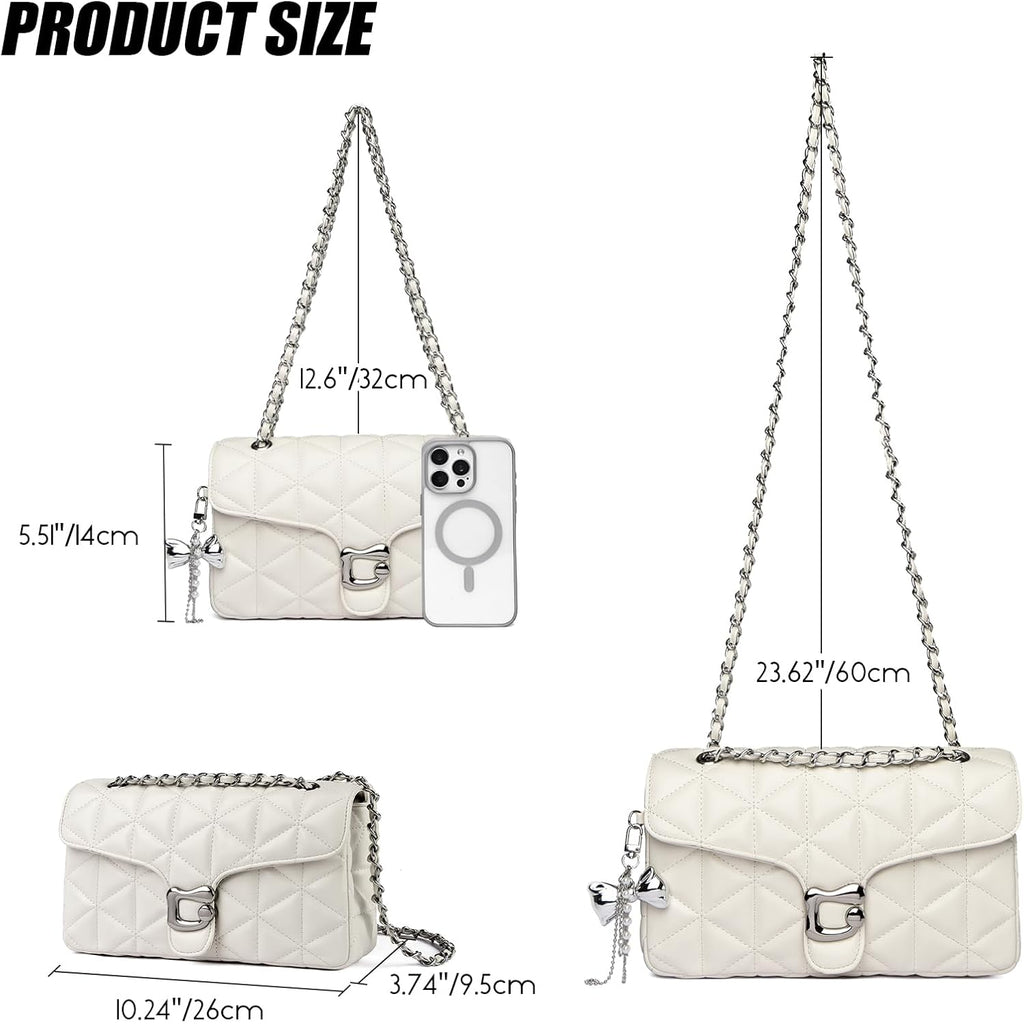 Quilted Crossbody Bags For Women - Small Leather Cross Body Shoulder Handbags Satchel Designer Evening Chain Purses | Cute Pendant Charm