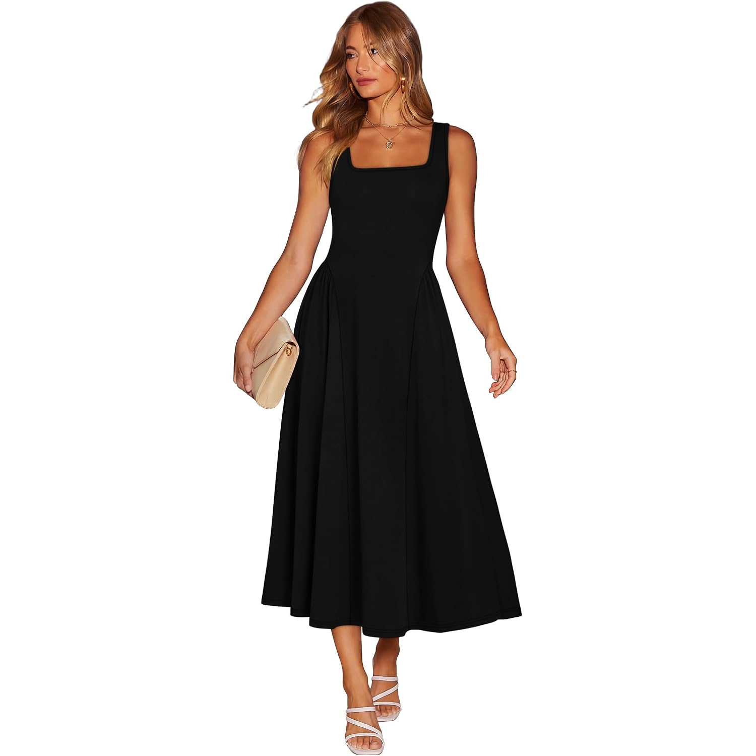 Ofeefan Summer Dresses For Women Square Neck Corset A Line Maxi Dress Ruffle Ruched Waist Flowy Outfits