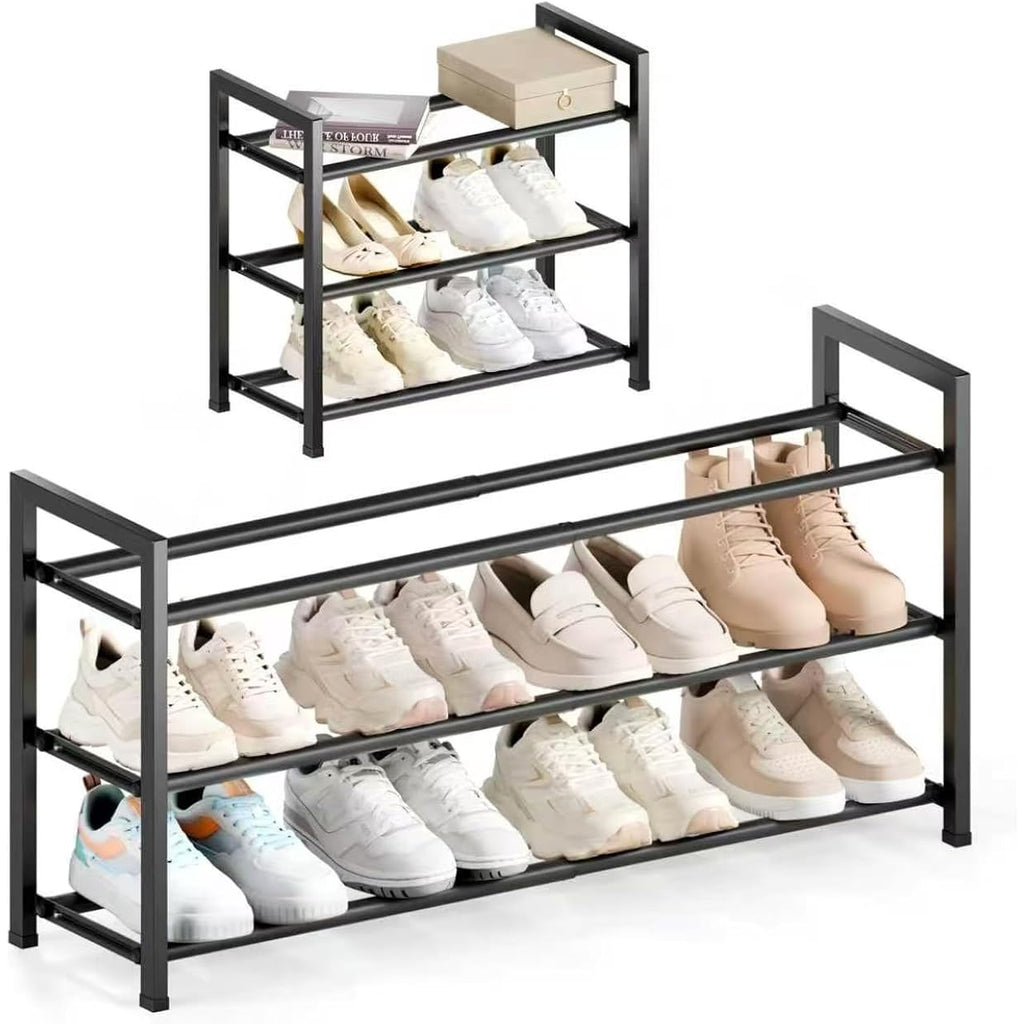 3-Tier Expandable Shoe Rack For Closet, 18“-33” Adjustable Shoe Rack For Small Space, Small Shoe Organizer For Front Door, Sturdy Metal, Black