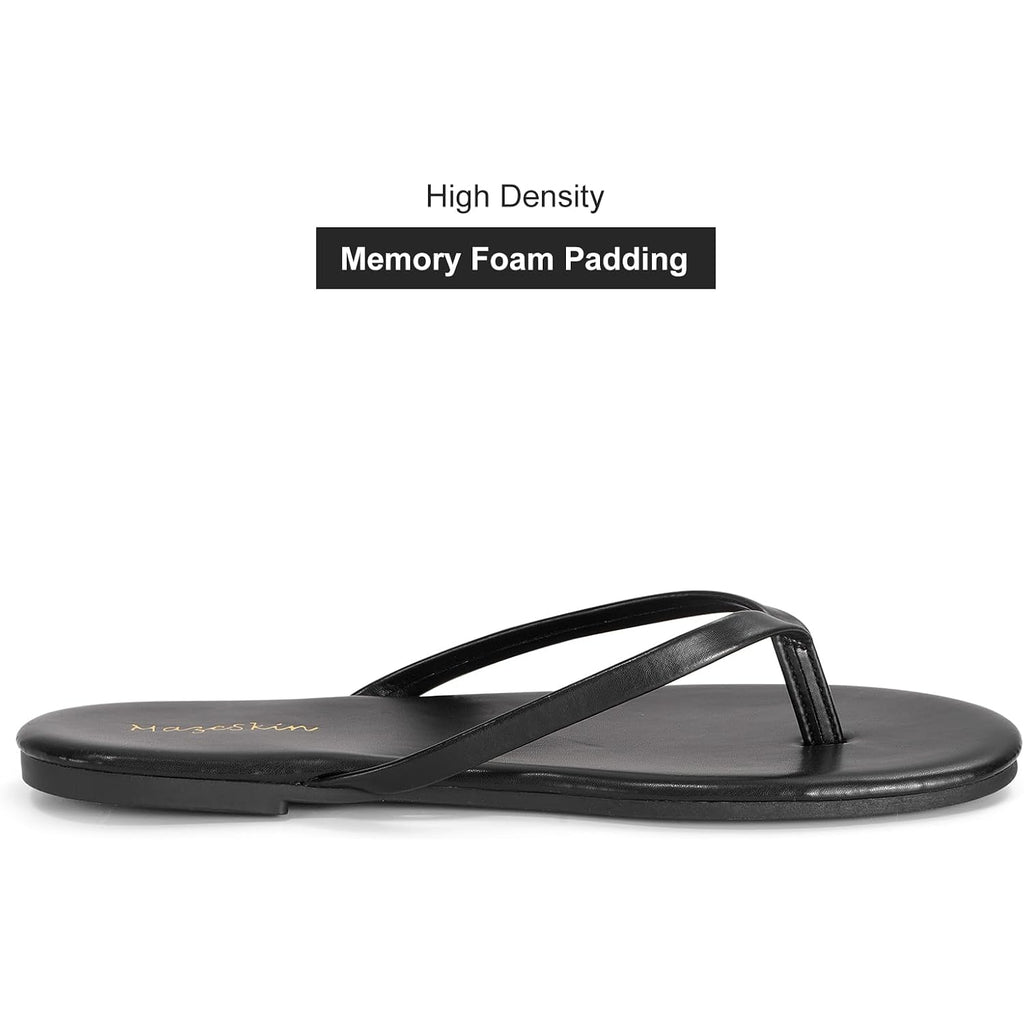 Mazeskin Women'S Memory Foam Comfortable Flat Thong Sandals Dressy Summer Beach Leather Slide Flip Flops