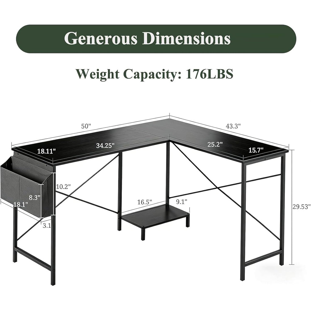 L Shaped Desk, 50 Inch Reversible Computer Desk Corner Gaming Table With Cpu Stand & Storage Bag, Sturdy Metal Frame Pc Workstation For Home Office, Black Wood