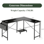 L Shaped Desk, 50 Inch Reversible Computer Desk Corner Gaming Table With Cpu Stand & Storage Bag, Sturdy Metal Frame Pc Workstation For Home Office, Black Wood