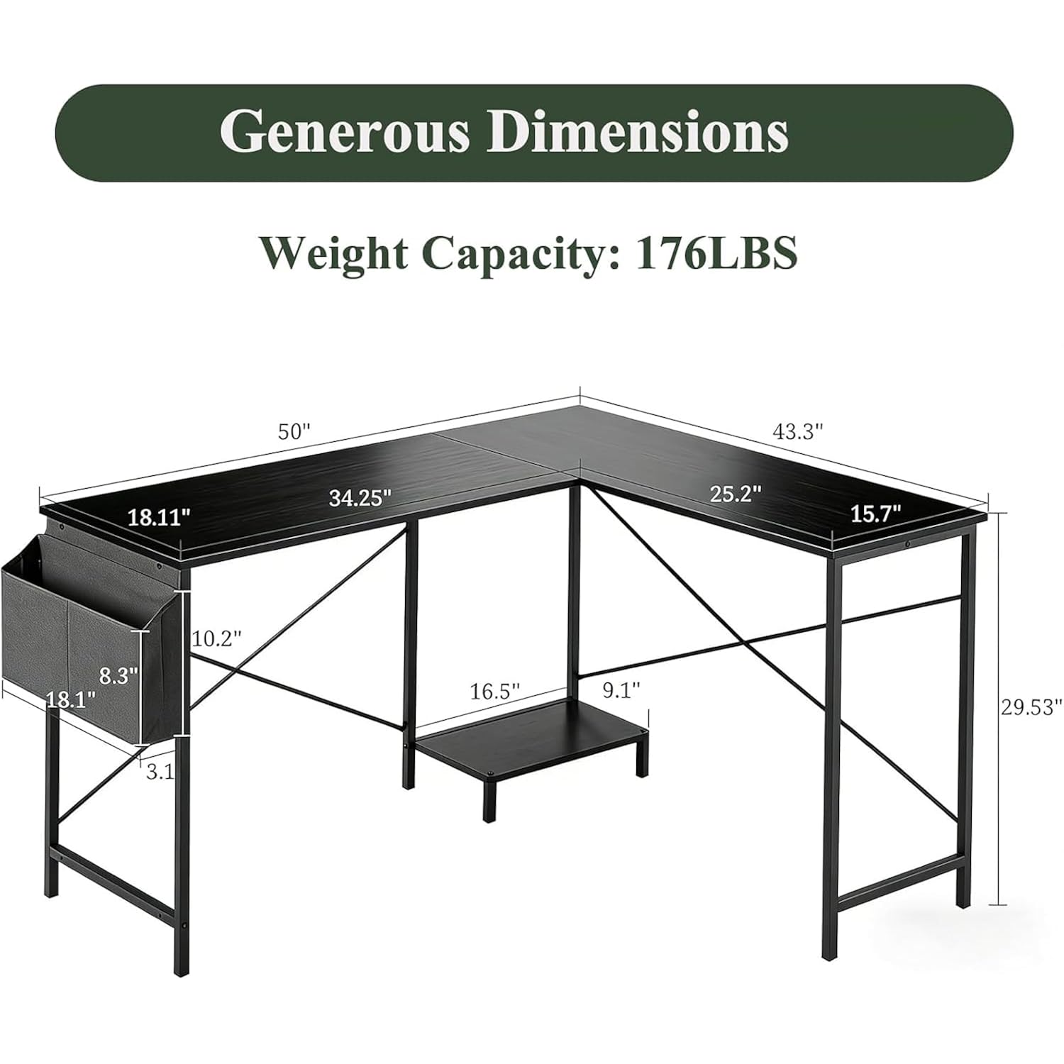 L Shaped Desk, 50 Inch Reversible Computer Desk Corner Gaming Table With Cpu Stand & Storage Bag, Sturdy Metal Frame Pc Workstation For Home Office, Black Wood