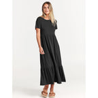 Anrabess Womens 2026 Summer Casual Maxi Dress A Line Tiered Flowy Short Sleeve Crewneck T Shirt Beach Travel Long Dresses