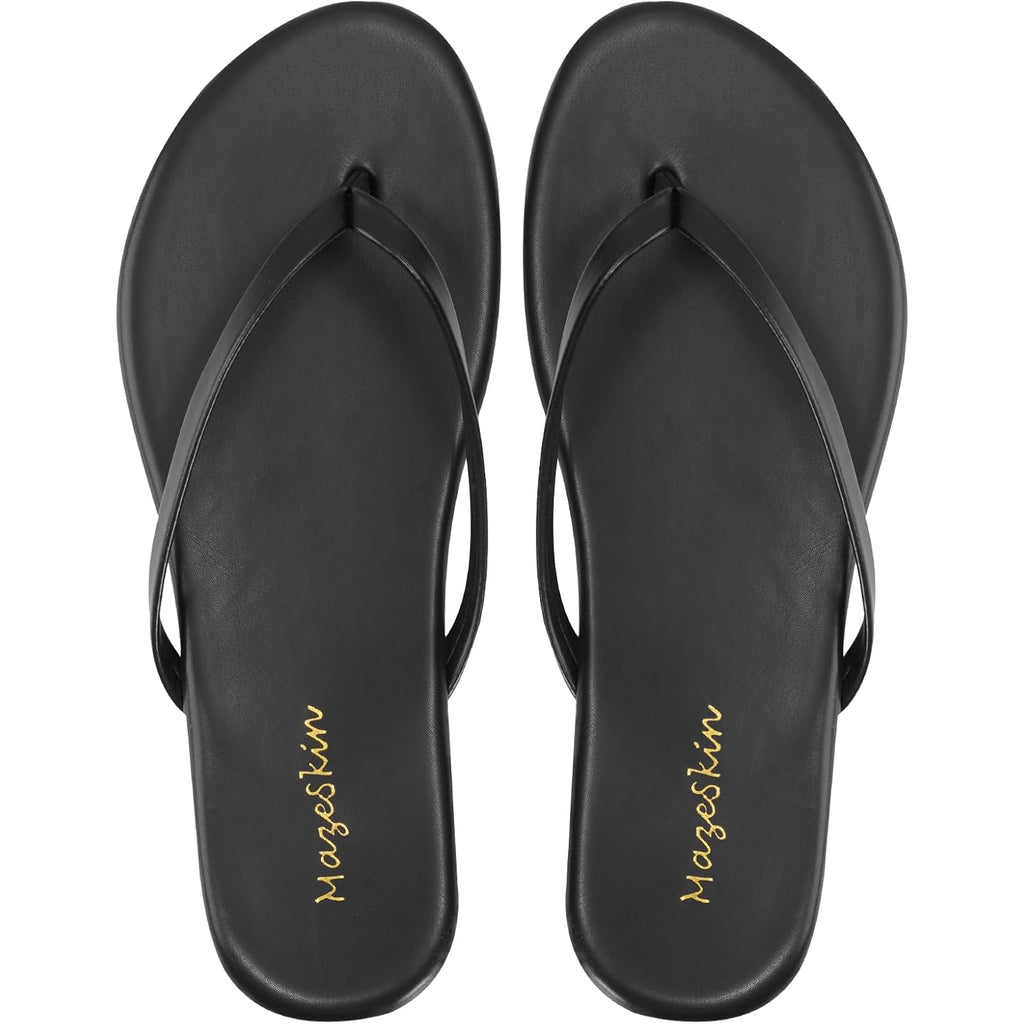 Mazeskin Women'S Memory Foam Comfortable Flat Thong Sandals Dressy Summer Beach Leather Slide Flip Flops