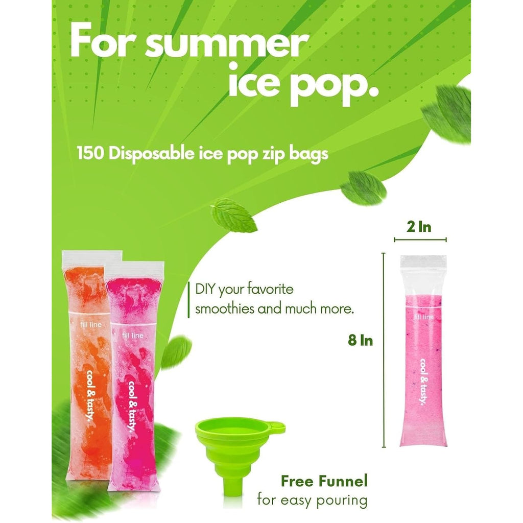 Ansmio 150 Disposable Popsicle Mold Bags With Zip Seals, 8X2" Freezer Tubes For Diy Ice Pops, Yogurt, Juice & Fruit Smoothies - Includes Funnel, Bpa-Free, Ice Pop Molds
