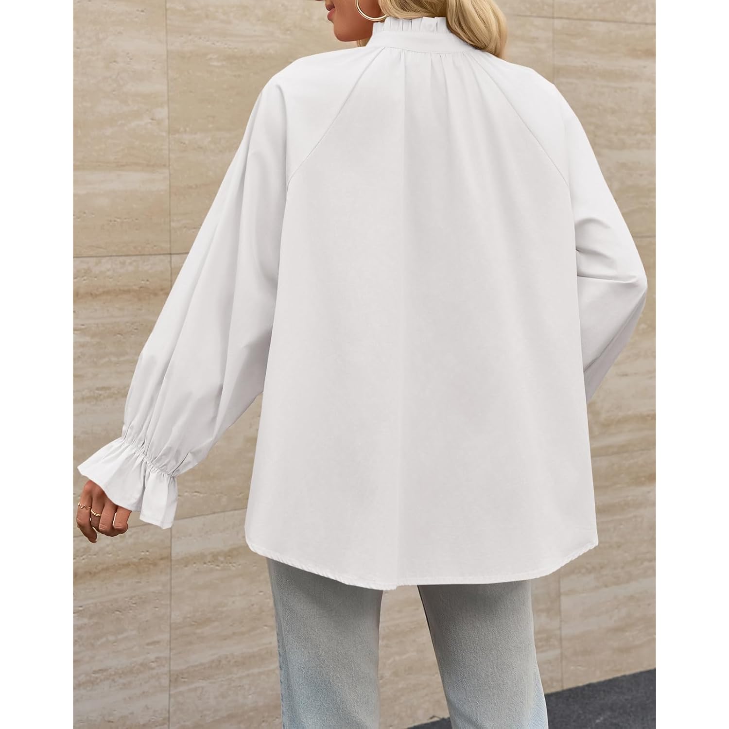 Womens Puff Long Sleeve Button Down Shirts Pleated V Neck Cotton Blouses Loose Fit Casual Ruffle Tops