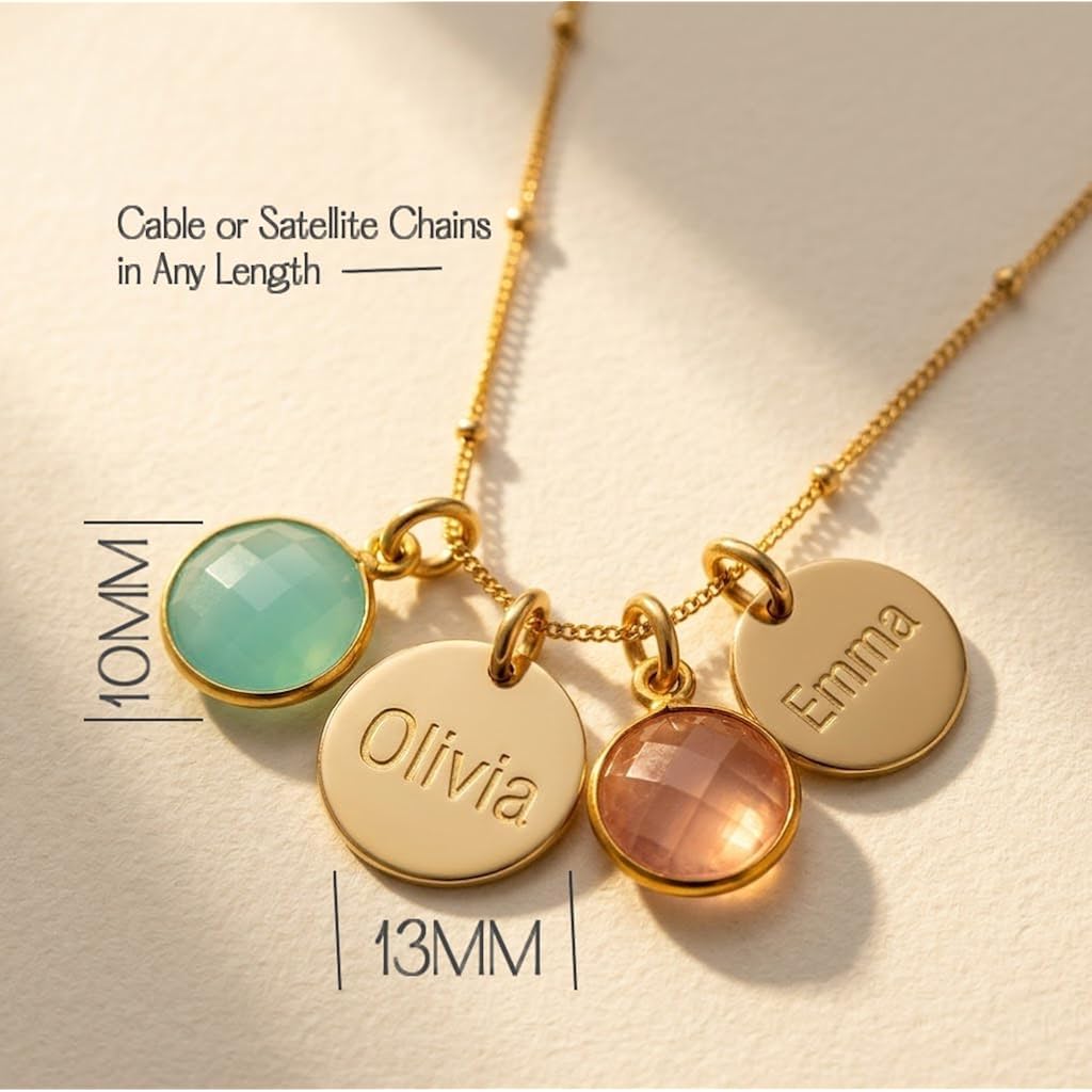 Personalized Birthstone Disc Necklace for Mom or Grandma, Custom Engraved Family Necklace with Names and Birthstones, 13mm Disc Charms with 10mm Round Stones, Gift for Mother, Grandmother, Nana