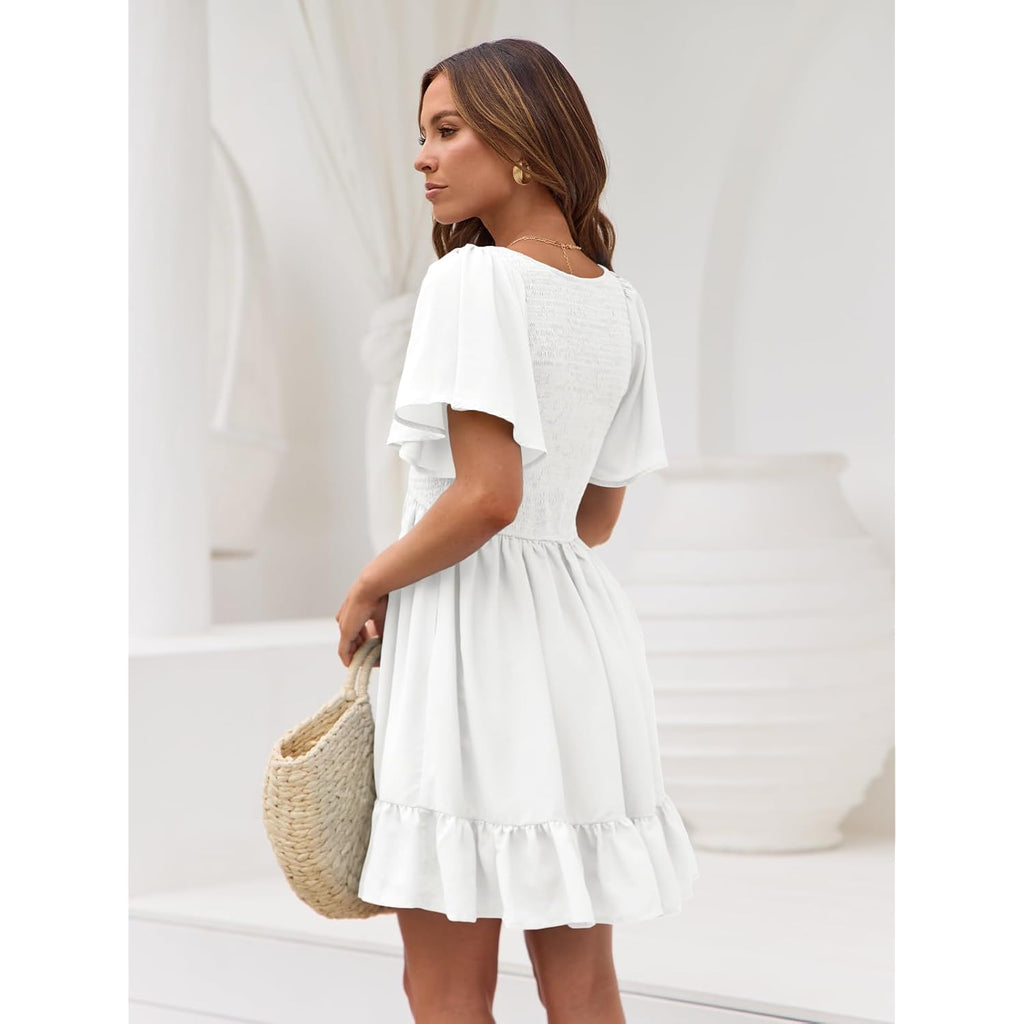 Lillusory Women'S Flowy Casual Mini Dresses 2026 Summer Graduation Smocked V Neck Vacation Dress Dress With Pockets