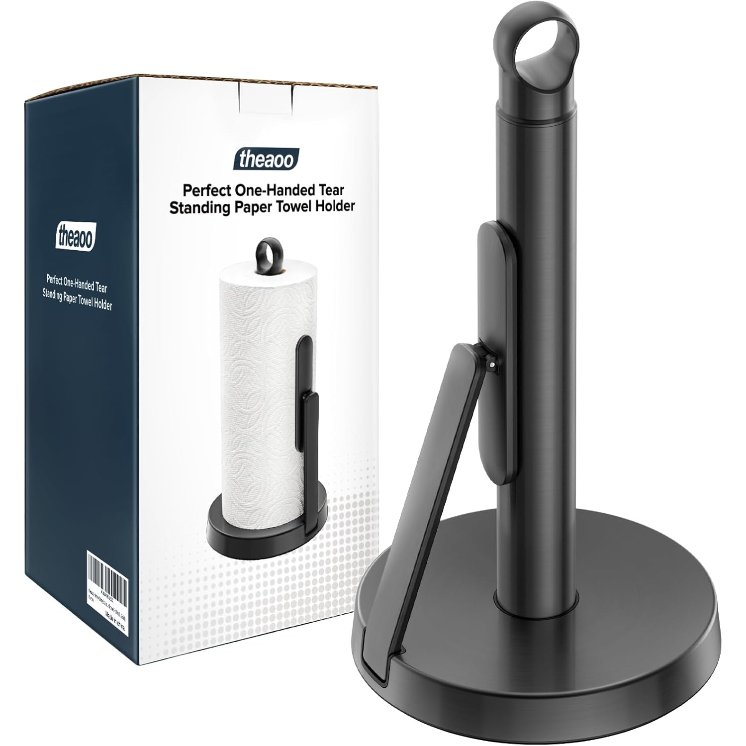 Heavy-Duty Stainless Steel Paper Towel Holder With Tension Arm – Easy One-Handed Tear, Modern Standing Countertop Dispenser For Kitchen, Holds All Paper Towel Rolls (1, Black)